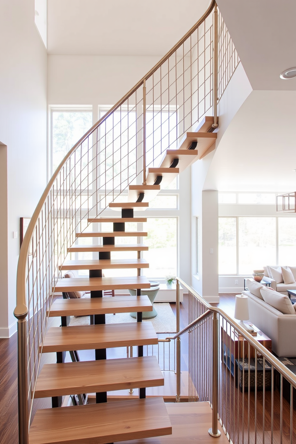 A minimalist staircase featuring sleek metal accents gracefully ascends to the upper floor. The steps are made of light wood, and the railing consists of thin metal bars providing a contemporary touch. The staircase is positioned in a spacious family room filled with natural light. Large windows frame the area, enhancing the open feel and showcasing the modern design elements throughout the space.