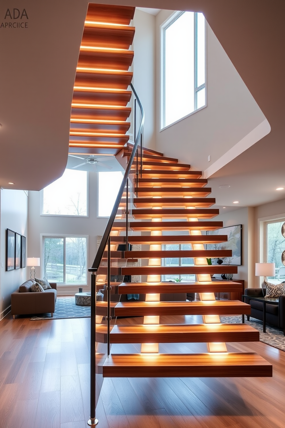 A stunning floating staircase elegantly ascends through the family room, showcasing sleek wooden treads that appear to defy gravity. The underlighting features create a warm glow that highlights the architectural beauty of the staircase, enhancing the overall ambiance of the space. The family room is designed with an open concept, featuring large windows that allow natural light to flood the area. Plush seating arrangements and stylish decor complement the floating staircase, making it a focal point of the room.