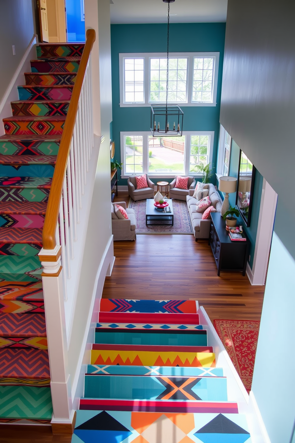 A classic white staircase elegantly curves through the family room, showcasing a bold runner that adds a pop of color and texture. The walls surrounding the staircase are adorned with family photos in simple frames, enhancing the warm and inviting atmosphere of the space.