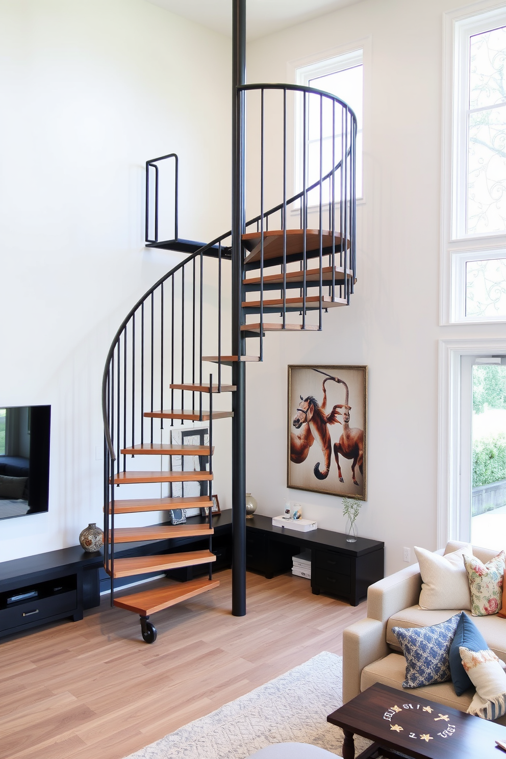 A stunning family room featuring a spiral staircase elegantly positioned in the corner for optimal space saving. The staircase is crafted from sleek metal with wooden treads, seamlessly blending modern design with functionality.