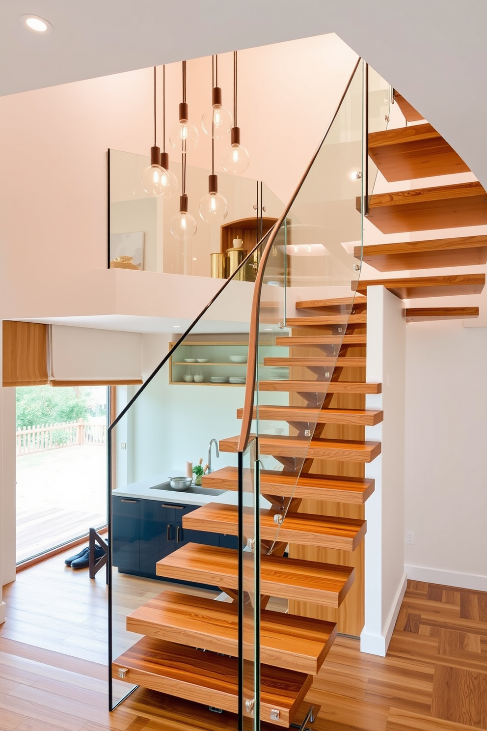 An open riser staircase gracefully ascends with a sleek glass railing that enhances the modern aesthetic of the space. The staircase is integrated into a contemporary kitchen design, featuring high-end finishes and a minimalist approach to functionality.