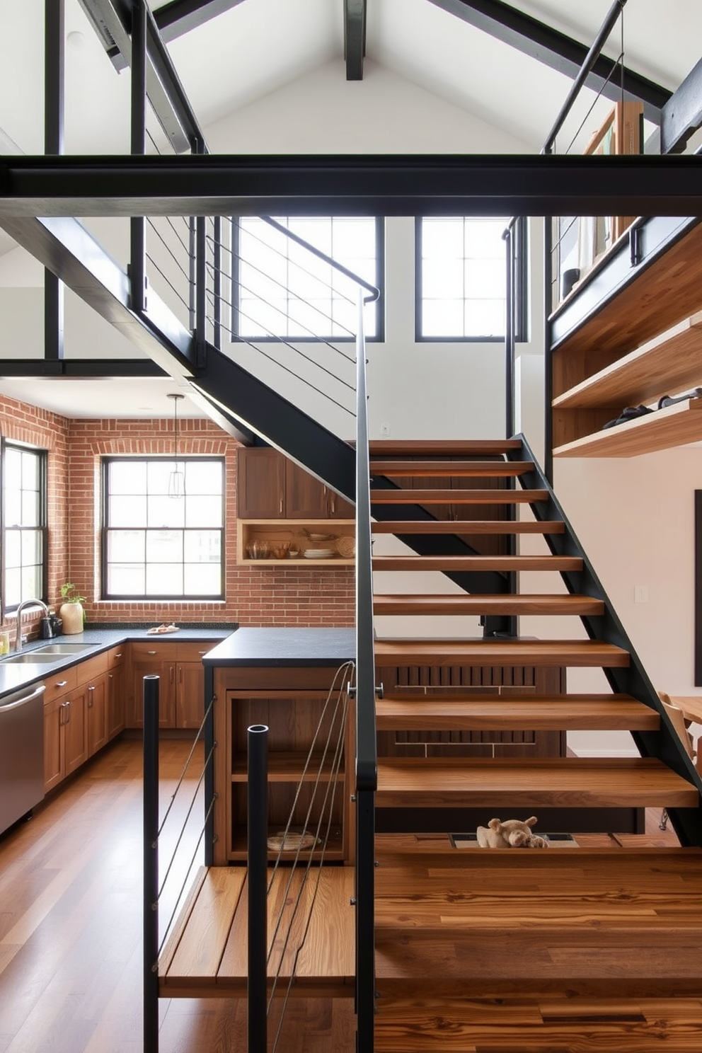 An industrial staircase with exposed metal framework features sleek lines and a minimalist aesthetic. The staircase is complemented by wooden treads that add warmth, creating a striking contrast against the raw metal. In the kitchen design, the staircase integrates seamlessly with open shelving made of reclaimed wood. Large windows above flood the space with natural light, enhancing the industrial charm while maintaining functionality.