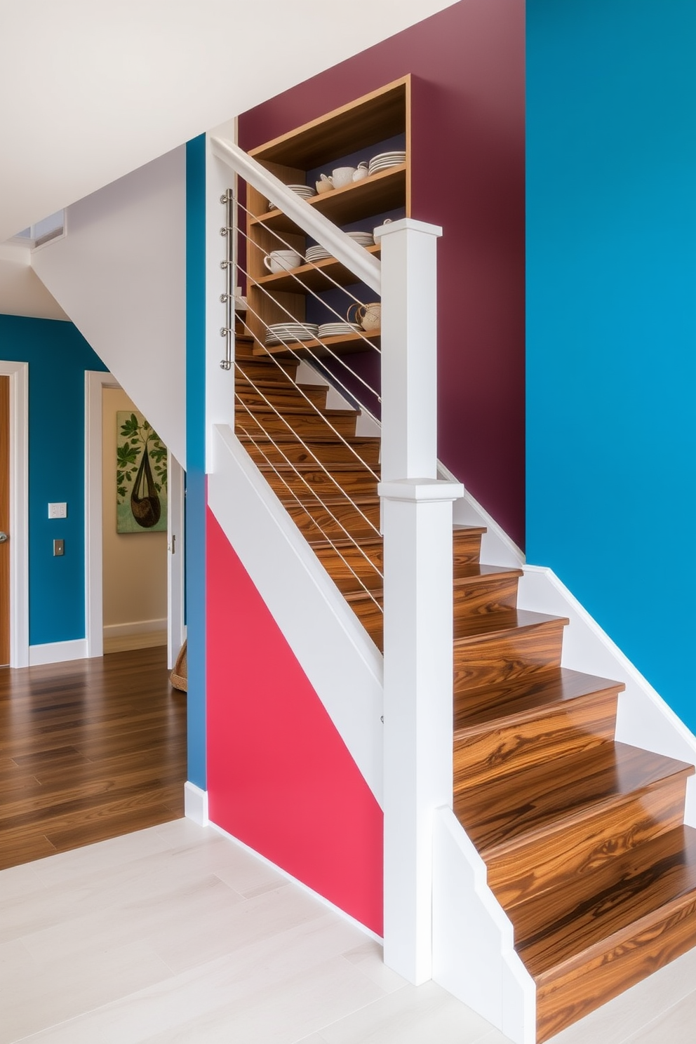 A stunning staircase with a sleek wooden design leads to the upper level. Beneath the staircase, a stylish pantry is neatly organized with shelves filled with gourmet ingredients and cooking essentials. The kitchen features a modern aesthetic with an open layout. Natural light floods the space through large windows, highlighting the elegant cabinetry and contemporary appliances.