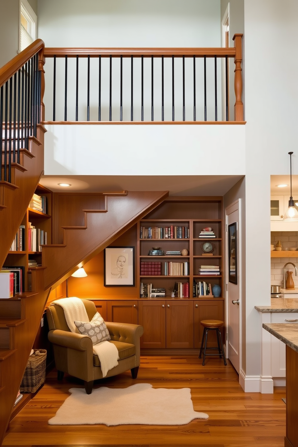 A stunning glass staircase creates an airy and open feel in the kitchen. The sleek design features transparent handrails and a minimalist structure that seamlessly integrates with the surrounding space.