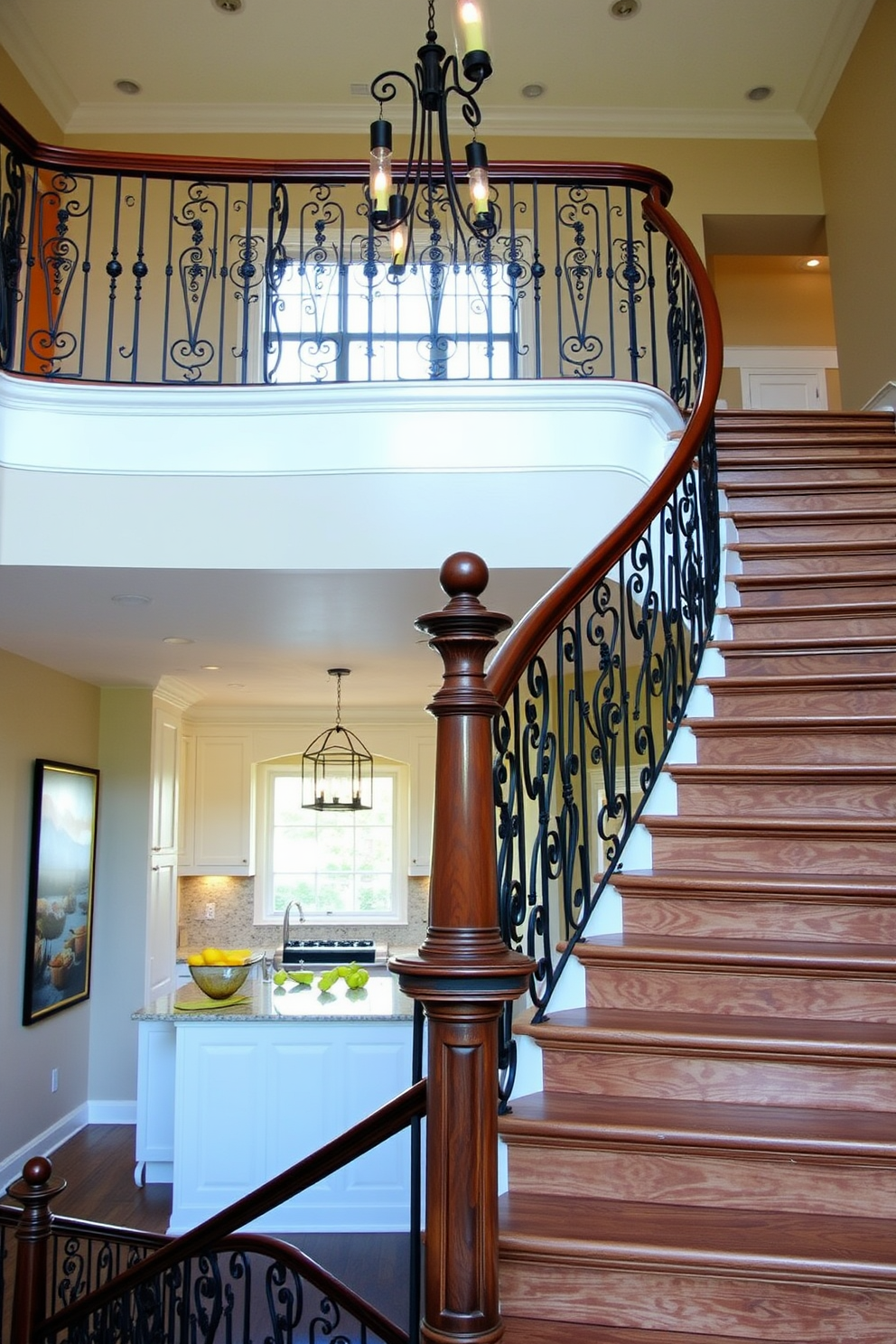 Elegant staircase with wrought iron details. The staircase features a sweeping design with intricately crafted wrought iron balusters and a polished wooden handrail. Staircase in Kitchen Design Ideas. The kitchen staircase is designed with open risers and a modern aesthetic, complemented by stylish pendant lighting above.