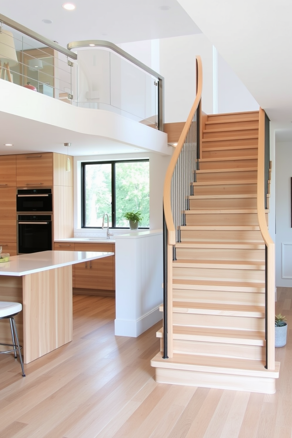 A minimalist staircase with sleek design features a floating staircase made of light wood, complemented by a glass railing that enhances the open feel of the space. Natural light floods the area through large windows, highlighting the clean lines and simplicity of the design. In the kitchen design ideas, the staircase seamlessly integrates with the overall aesthetic, leading to an upper level that overlooks the cooking area. The kitchen boasts modern appliances and a neutral color palette, creating a harmonious flow between the staircase and the culinary space.