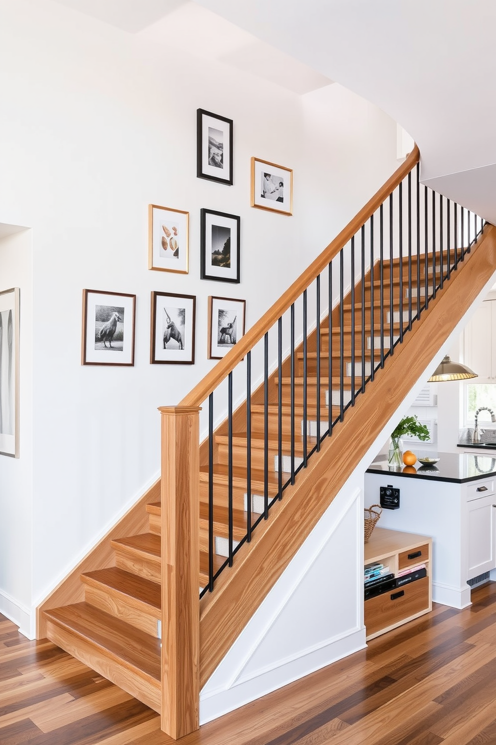 Open staircase with decorative wall art. The staircase features a sleek wooden railing and a series of framed artworks that add a personal touch to the space. Staircase in kitchen design ideas. The staircase is integrated into the kitchen layout, with under-stair storage and a stylish pendant light illuminating the steps.