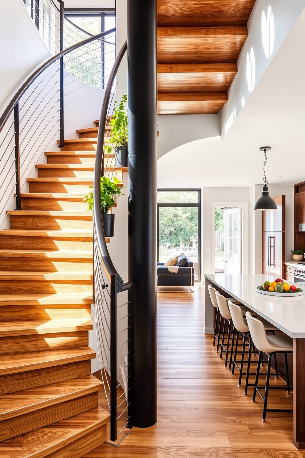 A modern staircase with open shelving on both sides, showcasing an array of books and decorative items. The stairs are made of light wood, creating a warm contrast against the sleek white walls of the kitchen. The kitchen features a contemporary design, with a large island in the center and stylish pendant lights hanging above. Sleek cabinetry in a soft gray complements the open shelving, creating a cohesive and inviting space.