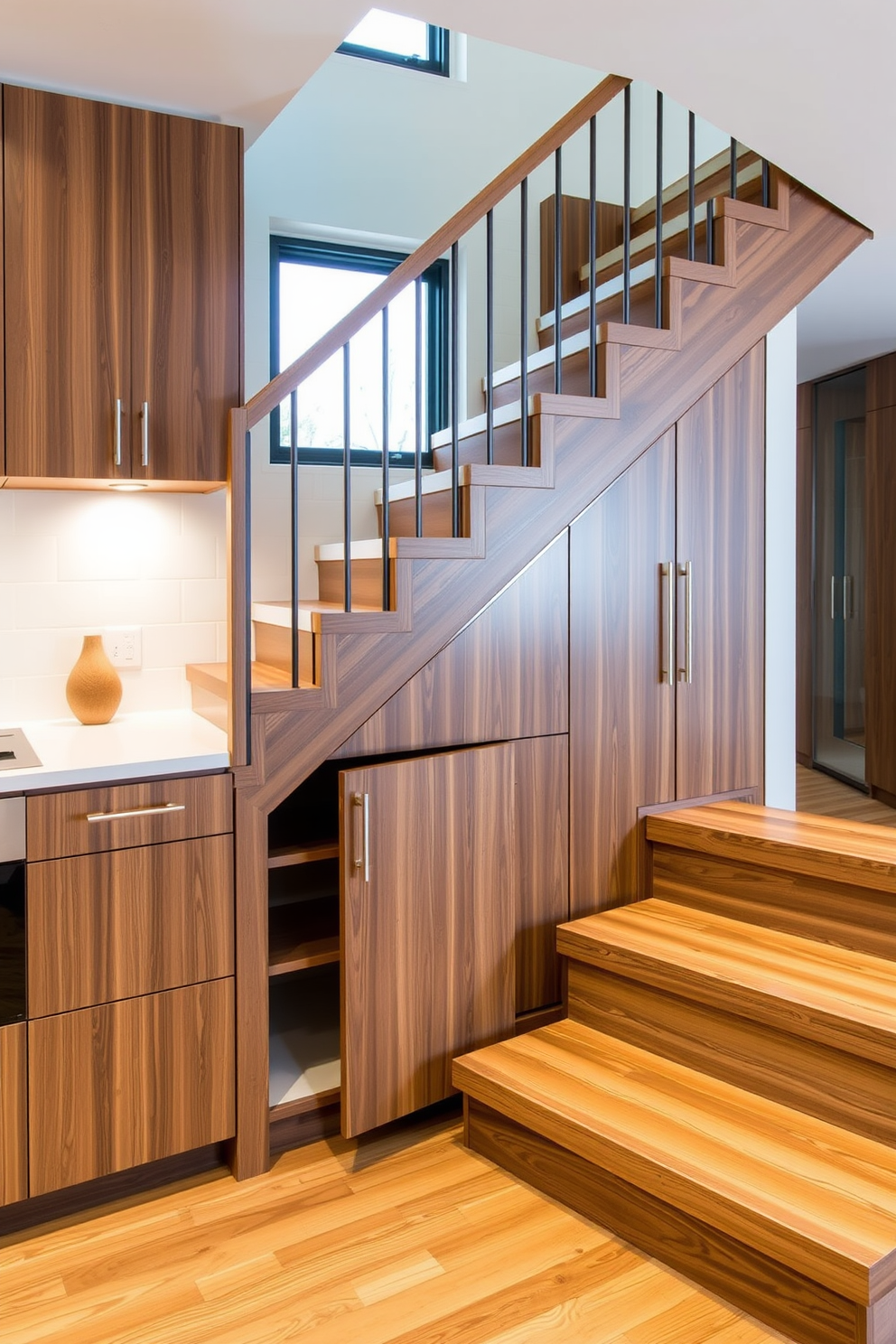 A stunning kitchen features a modern staircase that seamlessly integrates a hidden pantry space beneath it. The staircase is crafted from sleek wood with a minimalist design, while the pantry door blends perfectly with the cabinetry for a cohesive look.