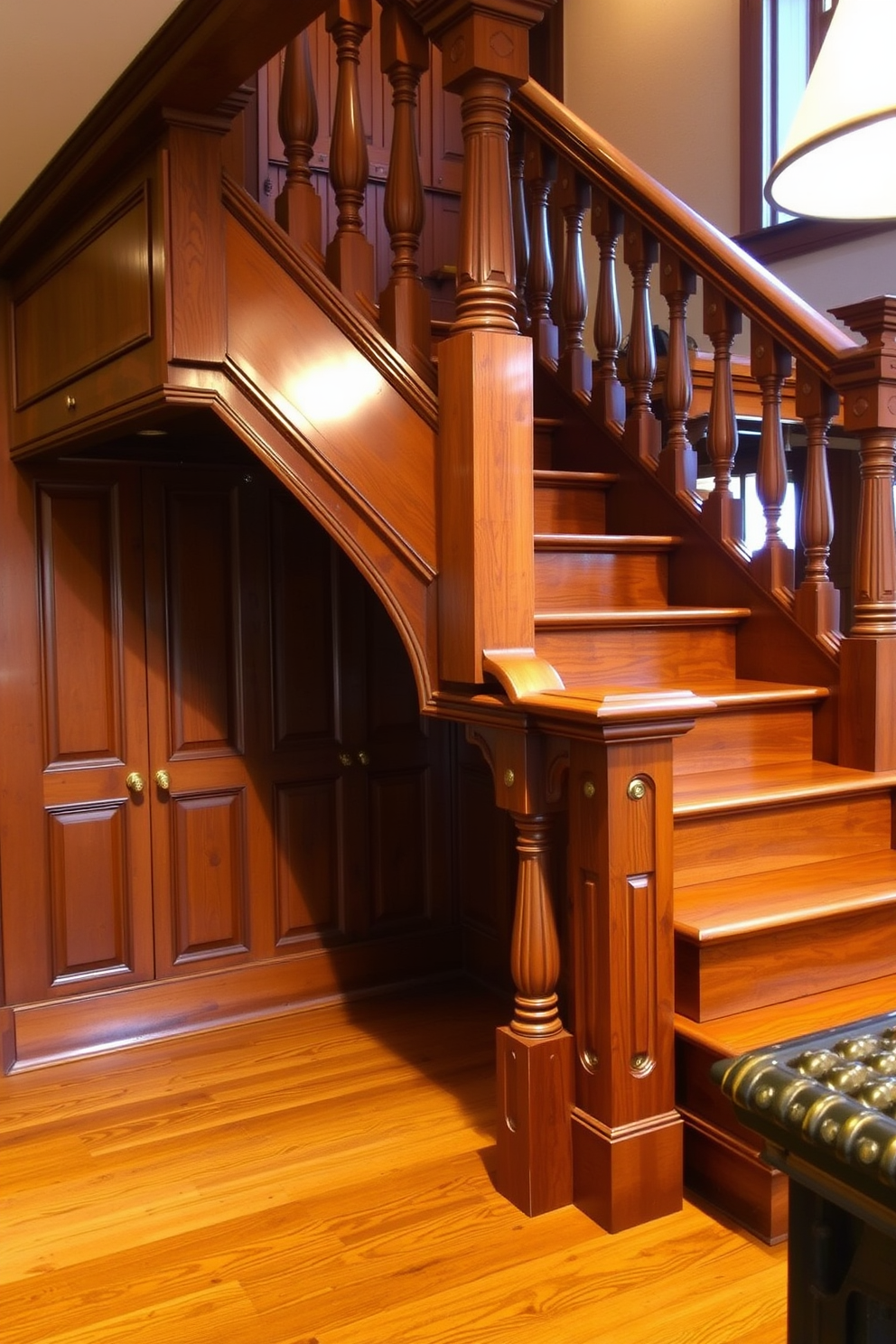 A vintage staircase with classic wood finishes. The stairs are adorned with intricate carvings and a polished banister that showcases the craftsmanship of a bygone era. The staircase is situated in a cozy kitchen space. It features warm lighting that highlights the wood tones and complements the rustic charm of the kitchen design.