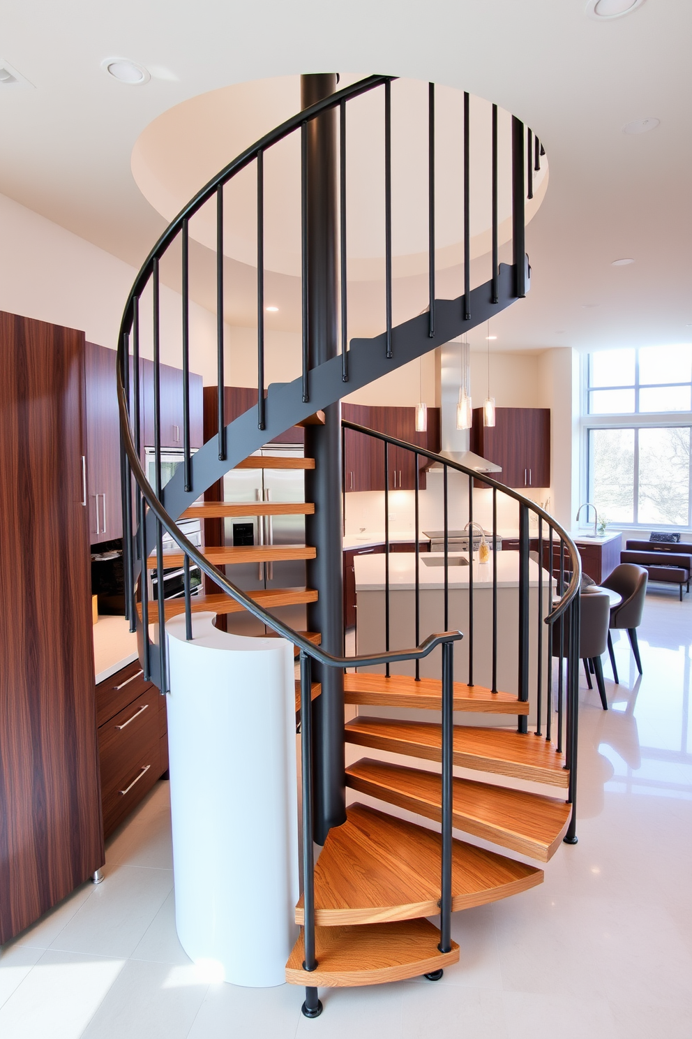 A stunning spiral staircase elegantly tucked in the corner of a modern kitchen. The staircase features a sleek metal frame with wooden treads, creating a beautiful contrast against the bright white cabinetry and marble countertops.