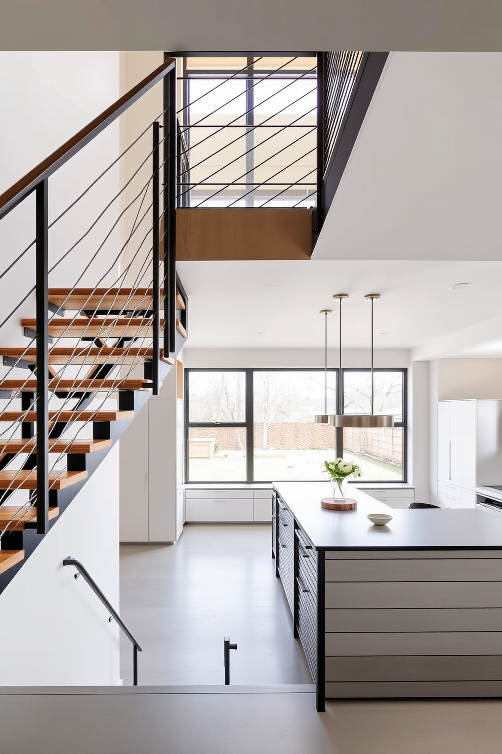 A striking geometric staircase design leads to the upper level of a modern kitchen. The staircase features sleek lines and a combination of wood and metal materials, creating a contemporary focal point in the space. The kitchen is adorned with minimalist cabinetry and a large island that complements the staircase's design. Natural light floods the area through large windows, enhancing the open and airy feel of the kitchen.