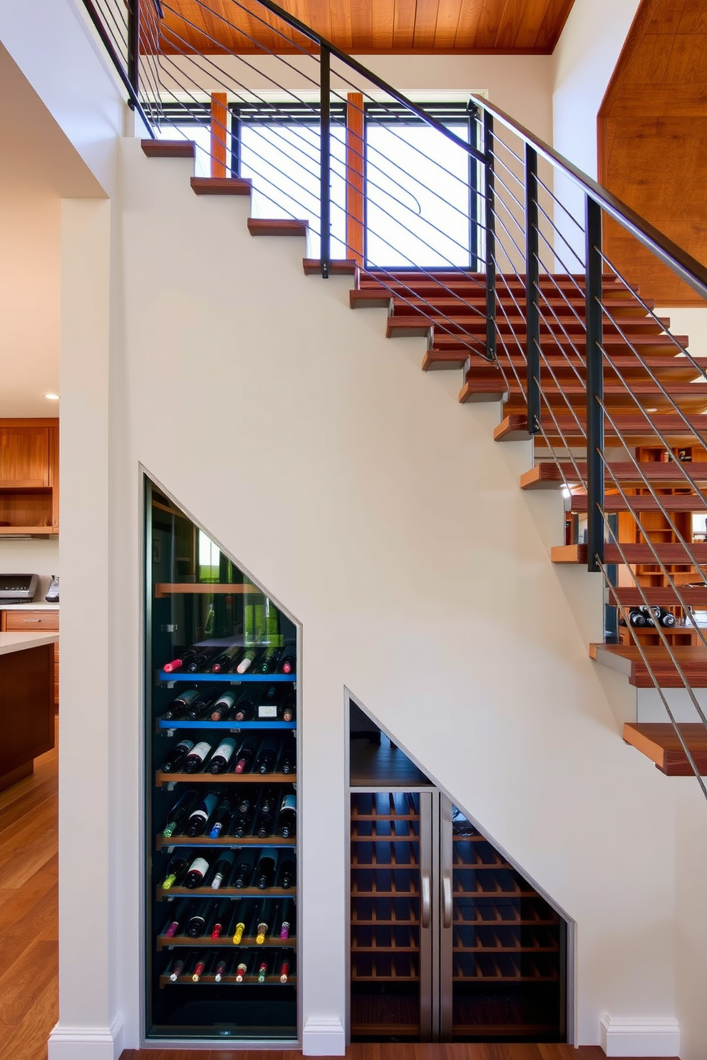 A stunning staircase features a glass-enclosed wine cellar beneath it. The wine cellar is elegantly illuminated, showcasing a curated selection of fine wines against a backdrop of rich wooden shelves. The staircase itself boasts a modern design with sleek metal railings and wooden treads. Natural light floods the space, creating a warm and inviting atmosphere in the kitchen area.