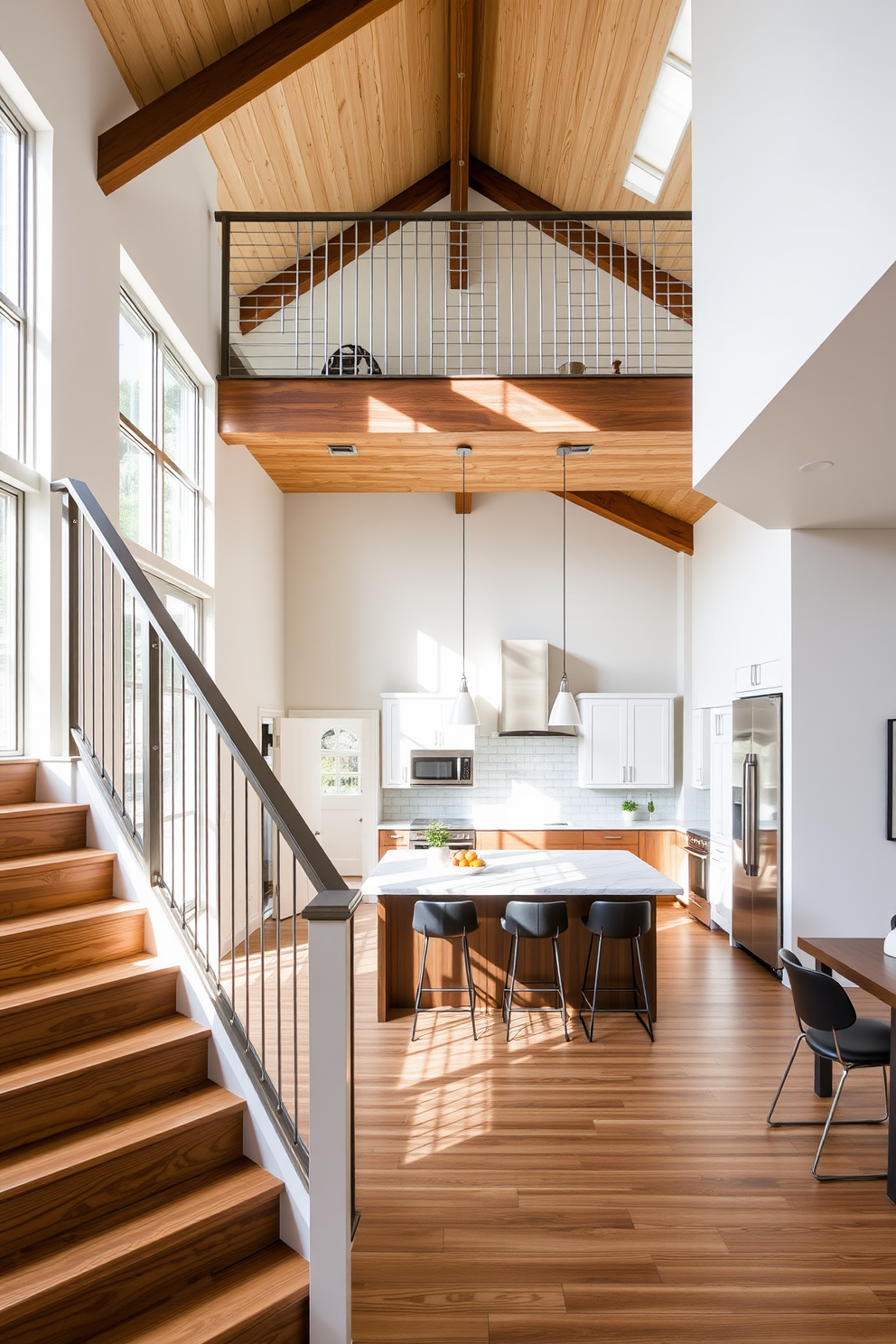 A stunning double helix staircase spirals gracefully in the center of a modern kitchen. The staircase features sleek glass railings and a polished wood finish that complements the kitchen's contemporary aesthetic. The kitchen is designed with an open layout, showcasing high-end appliances and a large island with bar seating. Natural light floods the space through expansive windows, highlighting the elegant details of the staircase and the overall design.