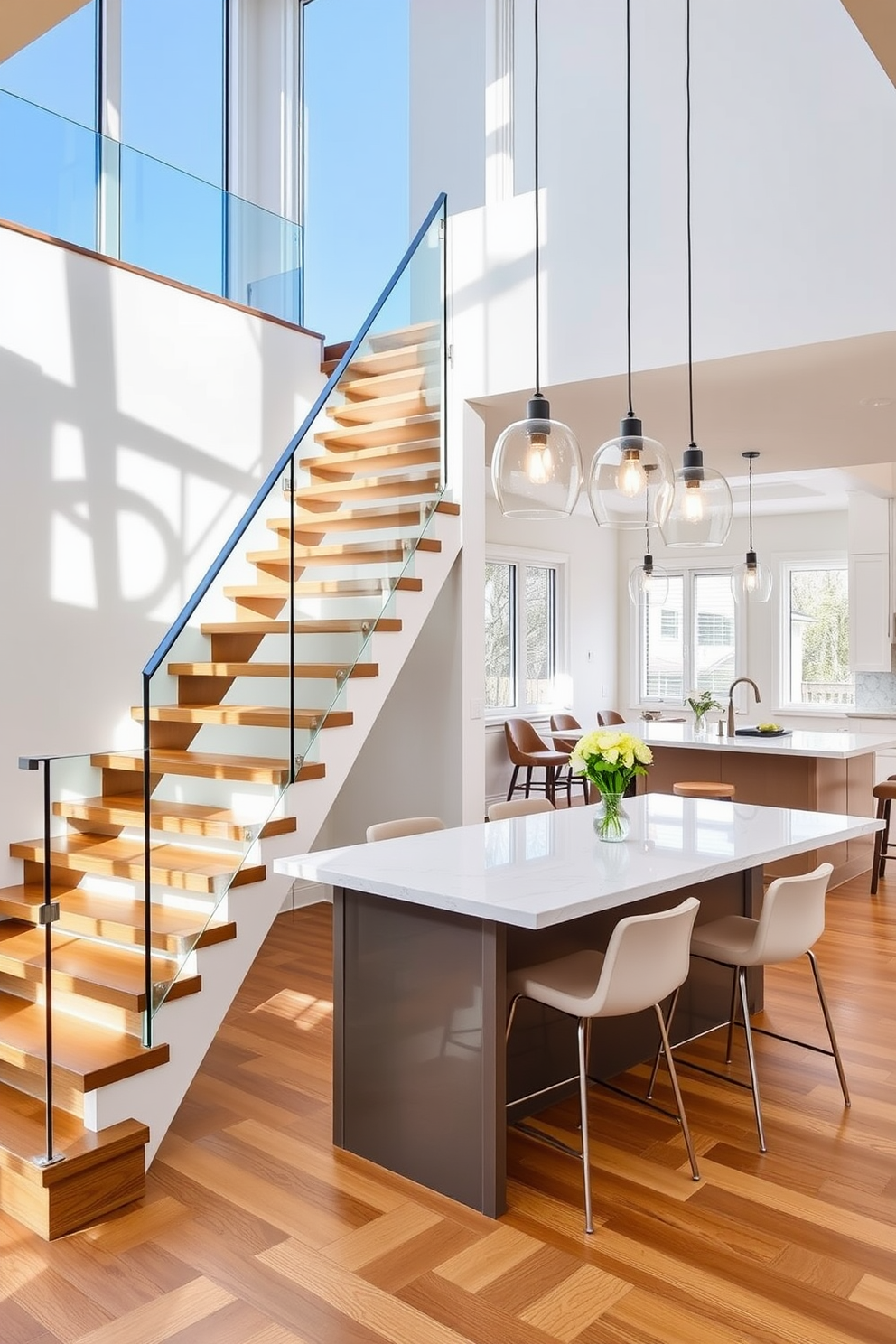 A stunning staircase seamlessly integrates with a modern kitchen island. The staircase features sleek wooden steps and a glass railing, while the kitchen island boasts a polished quartz countertop and stylish bar stools. The open concept design allows for an airy feel, with natural light flooding the space. Elegant pendant lights hang above the island, creating a warm and inviting atmosphere for gatherings.