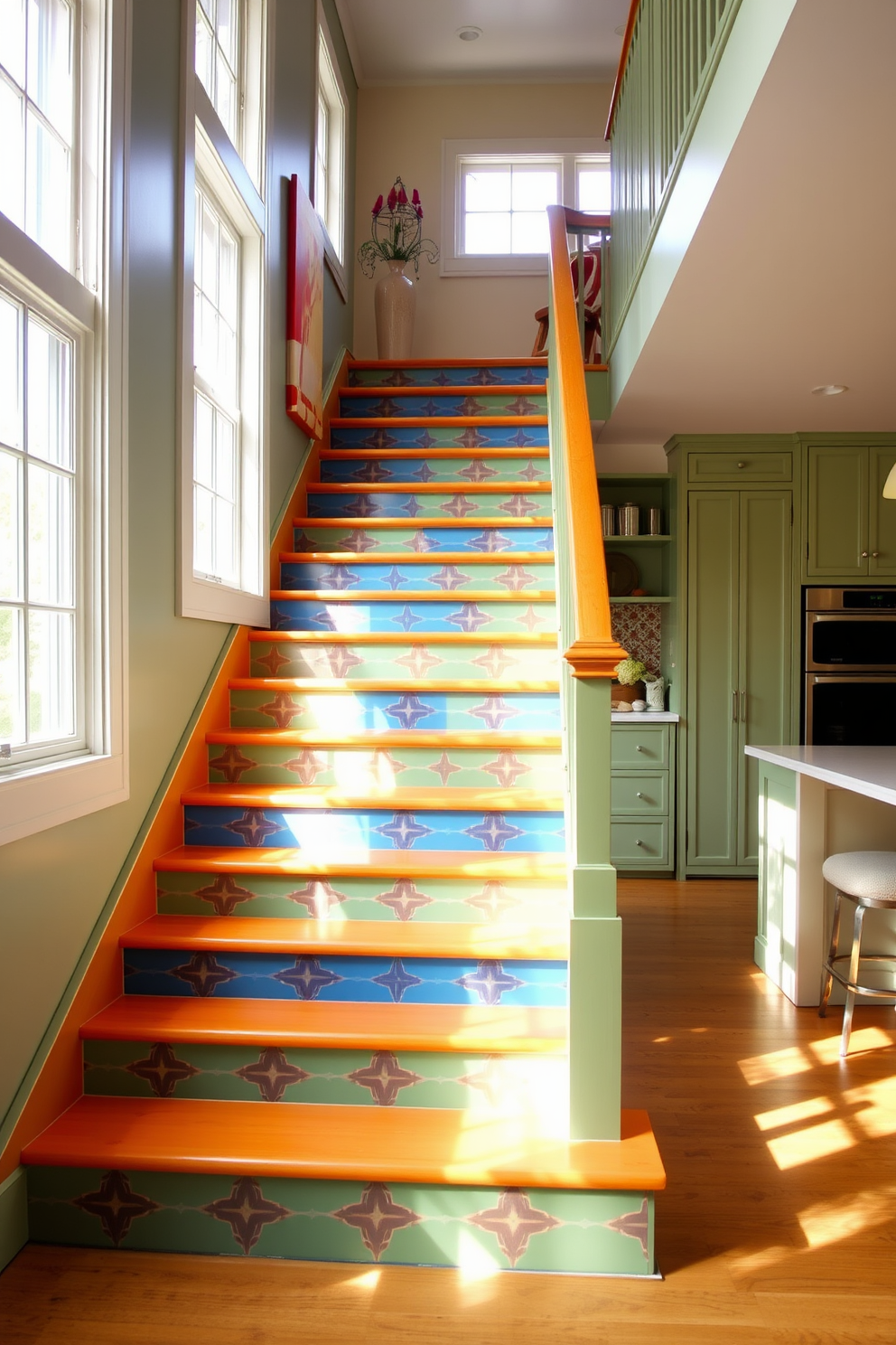 Contemporary staircase with metal accents. The staircase features sleek metal railings and wooden treads, creating a modern and airy feel in the space. Staircase in kitchen design ideas. The staircase is integrated into the kitchen layout, with open risers and a glass balustrade that allows natural light to flow through the area.