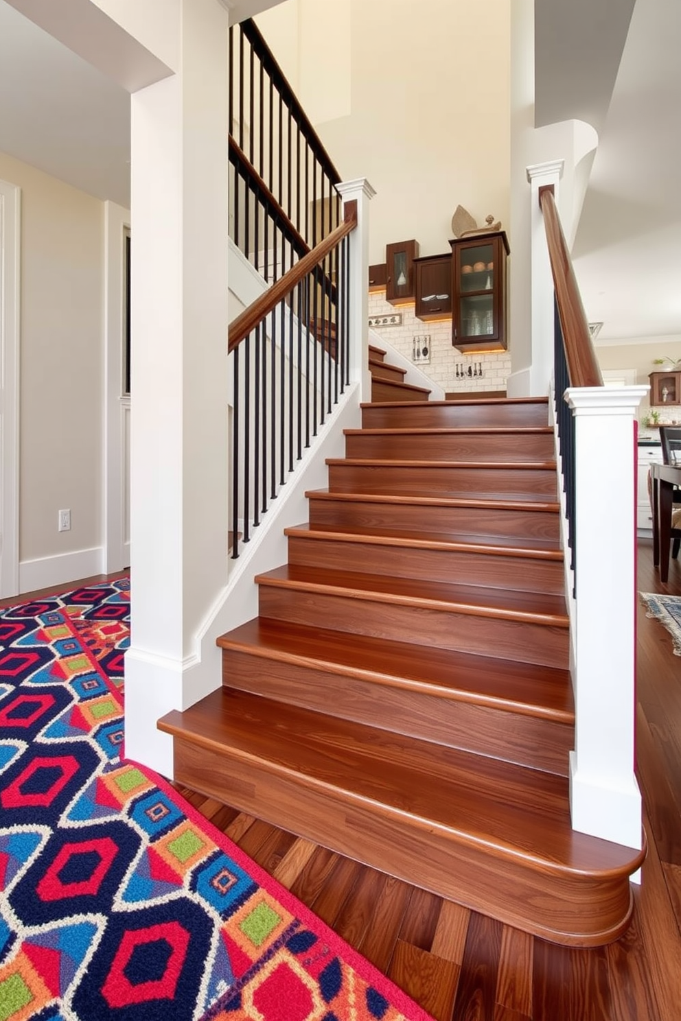 A modern staircase features integrated seating along one side, creating a cozy nook for relaxation. The seating area is adorned with plush cushions and a small side table, perfect for enjoying a cup of coffee. The kitchen design showcases a sleek staircase that seamlessly connects the upper and lower levels. Natural light floods the space through large windows, highlighting the elegant materials and finishes used throughout the kitchen.