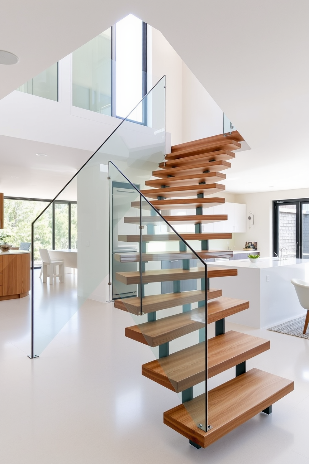 A sleek staircase with a minimalist aesthetic features floating wooden steps that seamlessly connect each level. The handrail is made of glass, providing an unobstructed view and enhancing the airy feel of the space. In the kitchen design, the staircase is integrated into an open layout with clean lines and a neutral color palette. The surrounding area is illuminated by natural light streaming through large windows, highlighting the modern finishes and functionality of the kitchen.