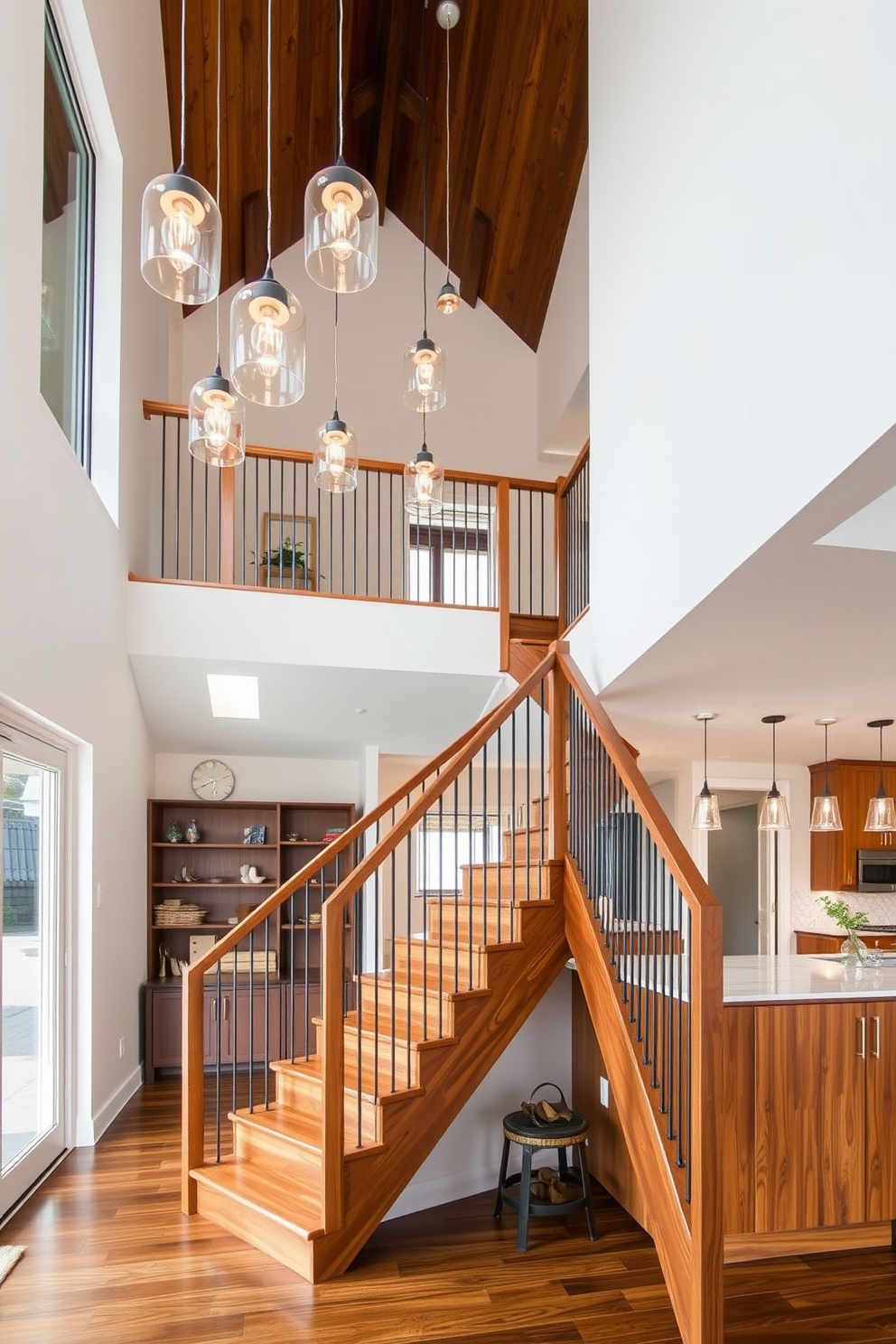 A modern staircase featuring a glass block wall that allows natural light to filter through while maintaining privacy. The sleek design incorporates a minimalist wooden railing that complements the contemporary aesthetic of the space. A spacious kitchen design that integrates the staircase seamlessly, with open shelving and a large island for cooking and entertaining. The overall color palette includes warm wood tones and crisp white cabinetry, creating an inviting atmosphere.