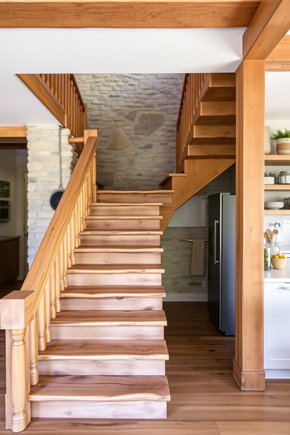 A rustic staircase with a stone wall backdrop features sturdy wooden steps that lead to an upper level. The stone wall adds a natural texture, creating a warm and inviting atmosphere in the space. In the kitchen design, the staircase complements the overall aesthetic with its earthy tones and organic materials. The kitchen is bright and airy, with open shelving and modern appliances that contrast beautifully with the rustic elements.