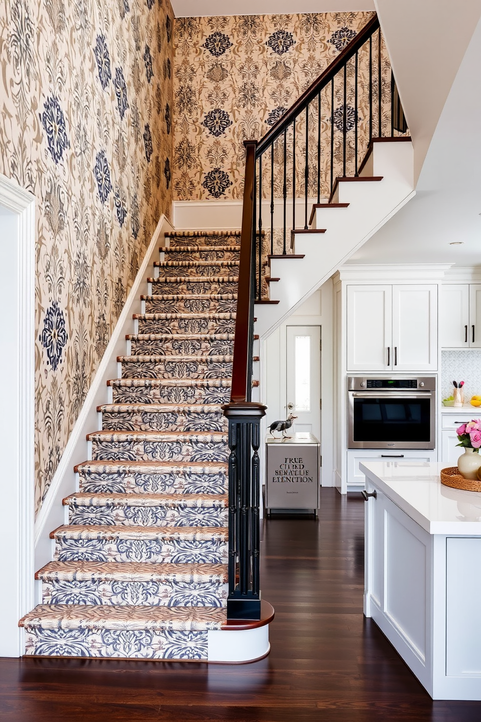 A grand staircase with elegant decorative wall paneling that adds texture and depth to the space. The staircase features a rich wooden railing and soft ambient lighting that highlights the craftsmanship. The kitchen design incorporates the staircase seamlessly, creating an open and inviting atmosphere. Modern cabinetry in a warm tone complements the staircase, while a large island provides ample workspace and seating.