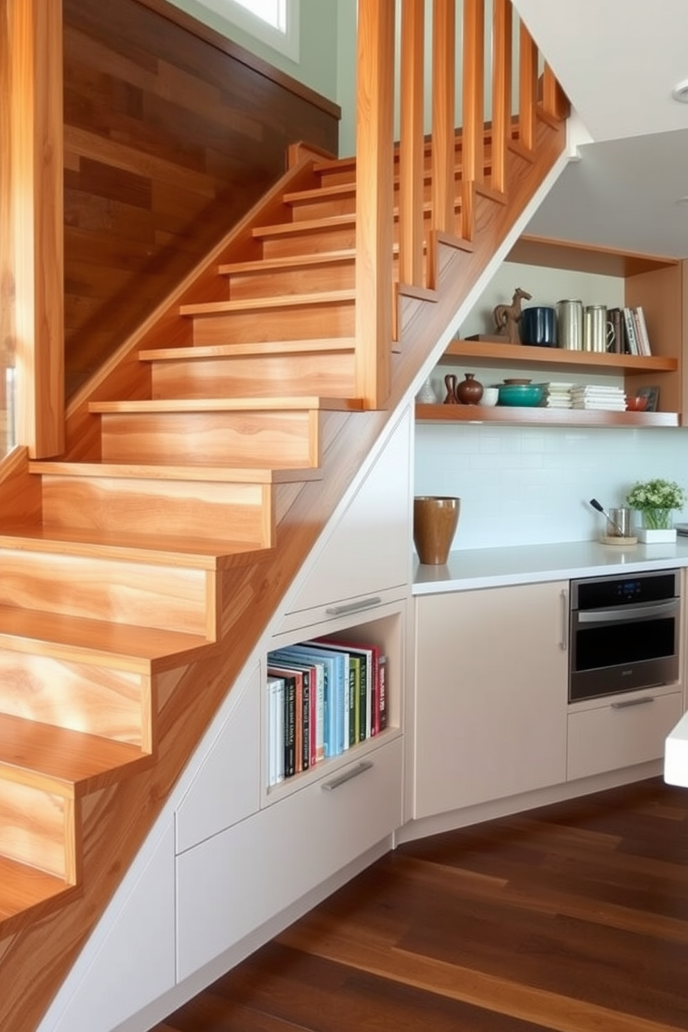 A stunning wooden staircase with built-in storage seamlessly integrates functionality and style. The warm wood tones of the staircase complement the surrounding kitchen decor, creating an inviting focal point. The staircase features elegant shelving units and drawers that provide ample storage for kitchen essentials. Soft lighting illuminates the staircase, enhancing the overall ambiance of the kitchen space.