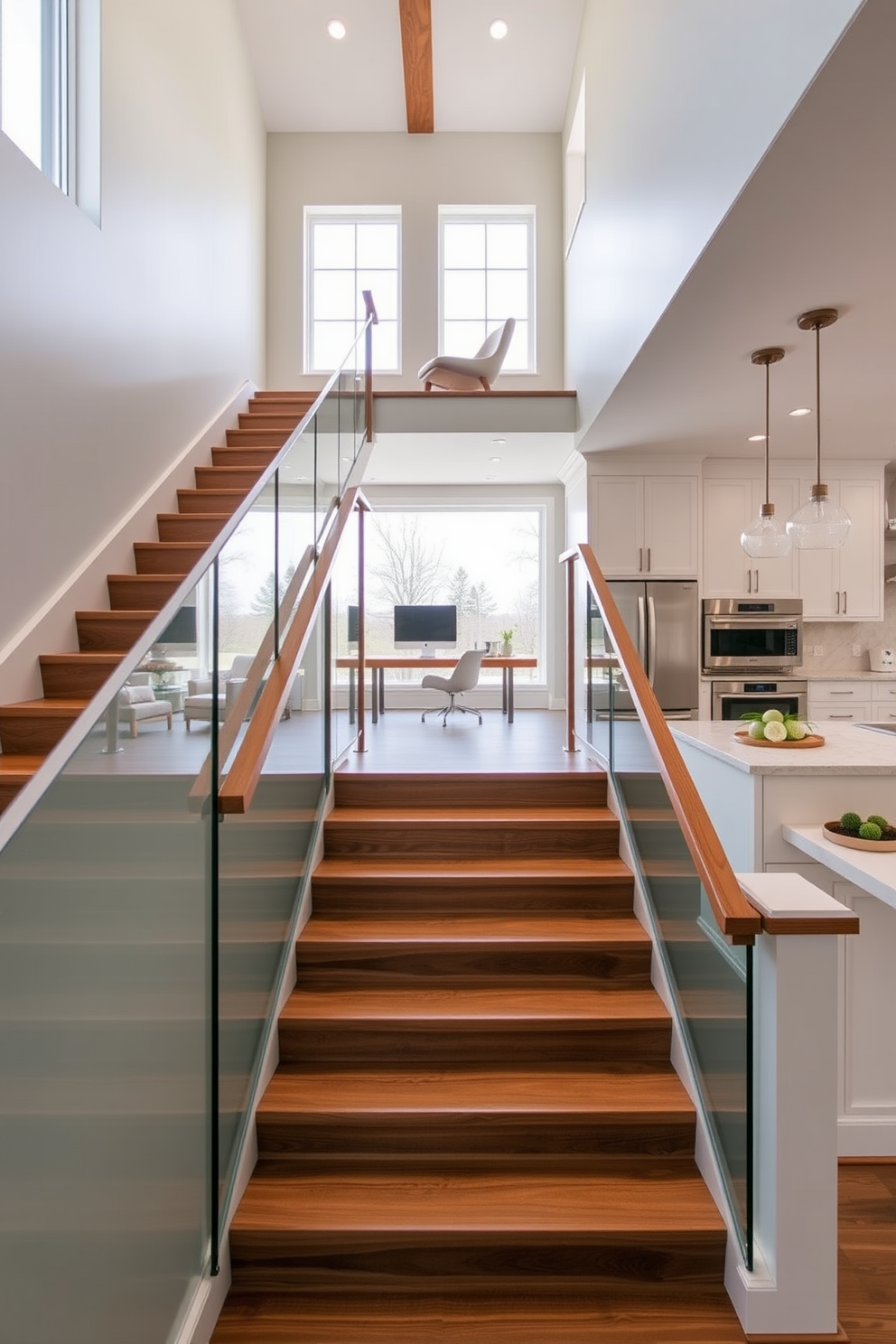 A modern staircase with sleek wooden steps leads to a cozy home office nook nestled at the top. The nook features a minimalist desk, a comfortable chair, and large windows that allow natural light to flood the space. The kitchen design showcases an open layout with a stylish staircase that seamlessly integrates into the overall aesthetic. The kitchen is equipped with high-end appliances, a spacious island, and elegant cabinetry that complements the staircase design.