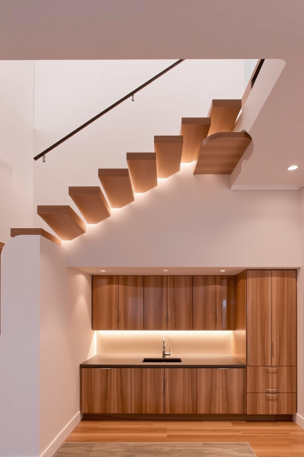 A stunning floating staircase elegantly ascends to the upper level, showcasing a sleek design with open risers and a polished wood finish. Beneath the staircase, soft LED lighting creates a warm ambiance, illuminating the space while enhancing the modern aesthetic. In the kitchen, the staircase seamlessly integrates with the overall design, featuring a contemporary railing that complements the cabinetry. The area beneath the stairs is utilized for additional storage, with custom cabinetry that maintains the clean lines of the kitchen.