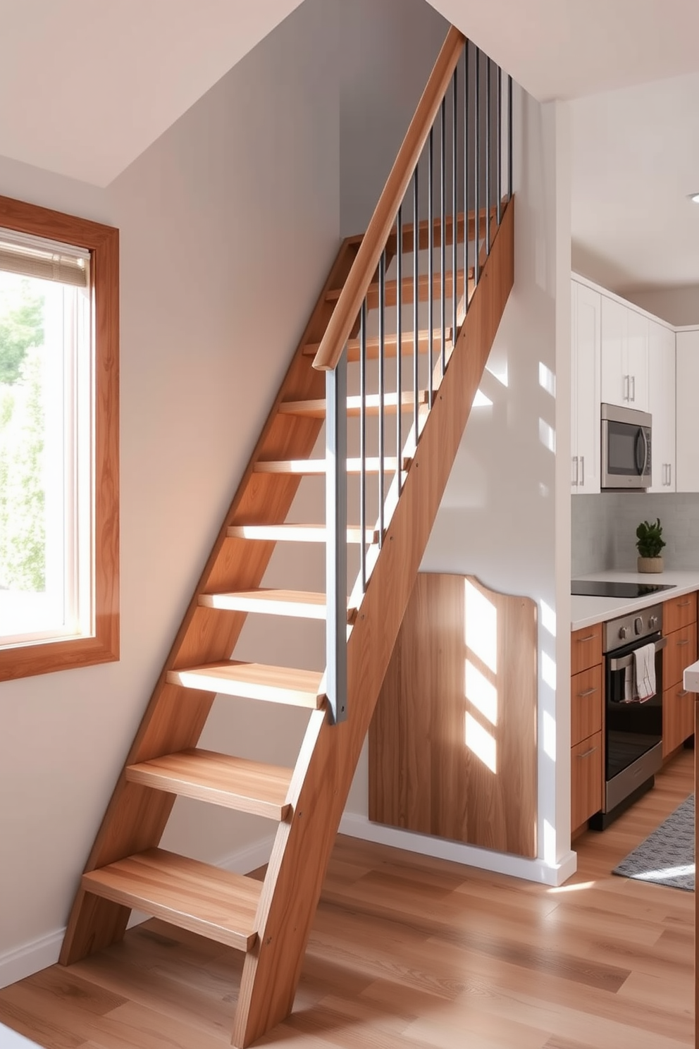 A stylish ladder-style staircase designed for compact spaces features sleek wooden steps and a minimalist railing. The staircase is illuminated by natural light streaming through a nearby window, creating an airy and open feel. In the kitchen design, the ladder-style staircase integrates seamlessly with modern cabinetry and appliances. The space is enhanced by a neutral color palette, with warm wood tones complementing the contemporary finishes.