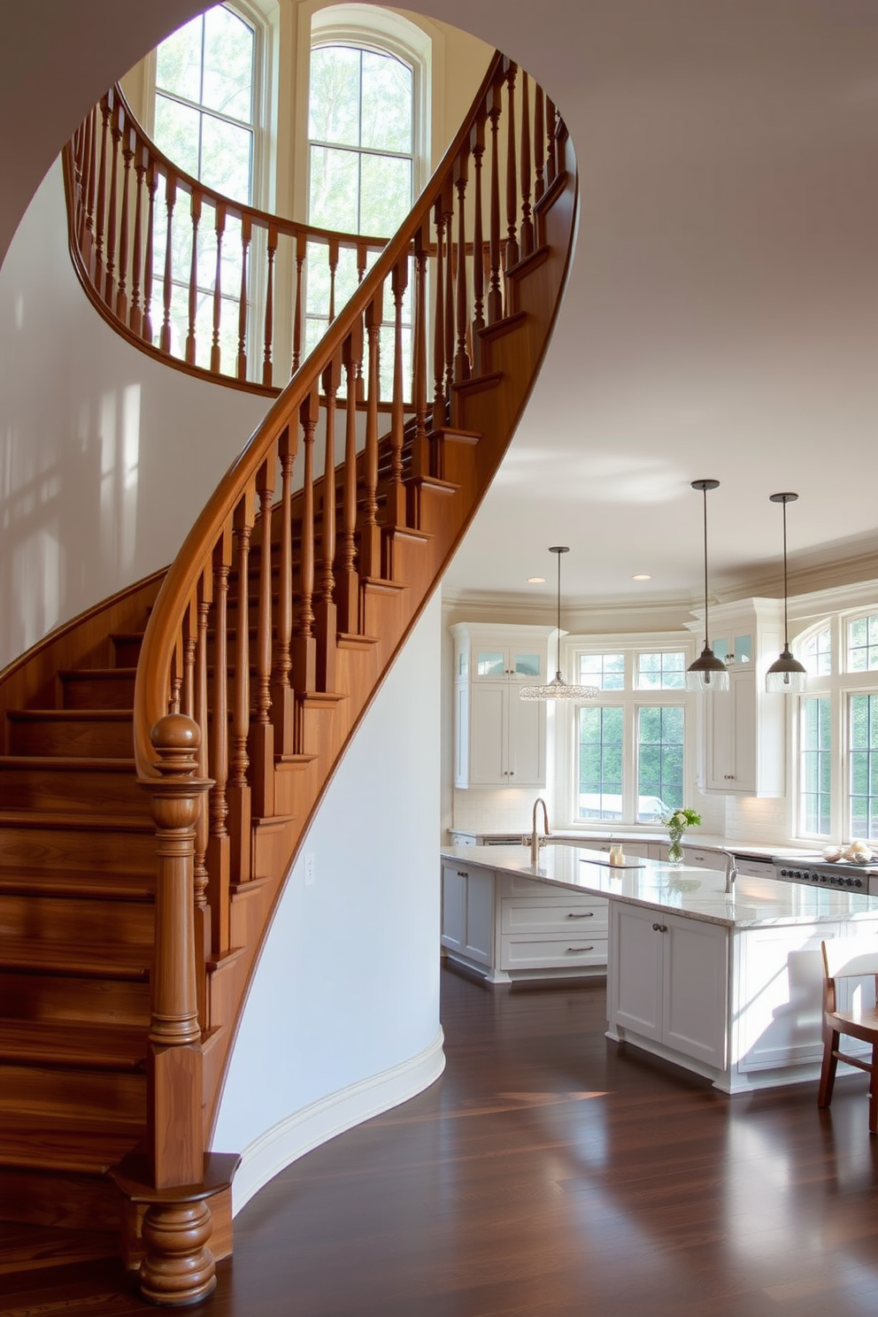 A stunning floating staircase with sleek wooden treads and glass railings creates a modern aesthetic. The staircase is illuminated by recessed lighting, adding a warm glow to the space. In a contemporary kitchen design, the staircase seamlessly integrates with the open floor plan. It features a minimalist design that complements the clean lines of the cabinetry and countertops.