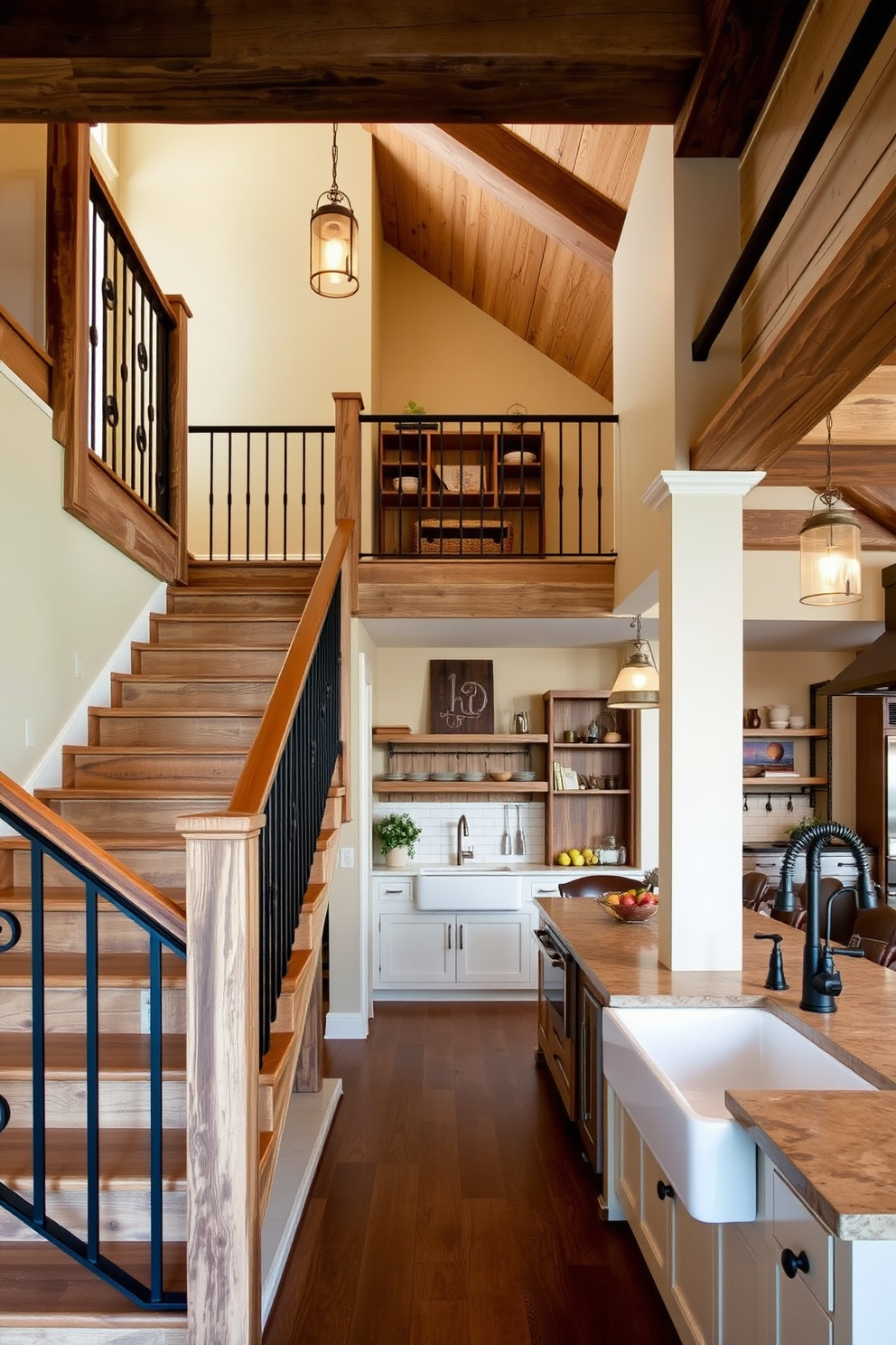 A rustic staircase featuring reclaimed wood accents leads to the upper level of a cozy home. The staircase is adorned with wrought iron railings and illuminated by soft pendant lights that create a warm ambiance. In the kitchen, the design incorporates open shelving made of distressed wood and a large farmhouse sink. The color palette consists of earthy tones, complemented by vintage-style fixtures and a spacious island for gathering.