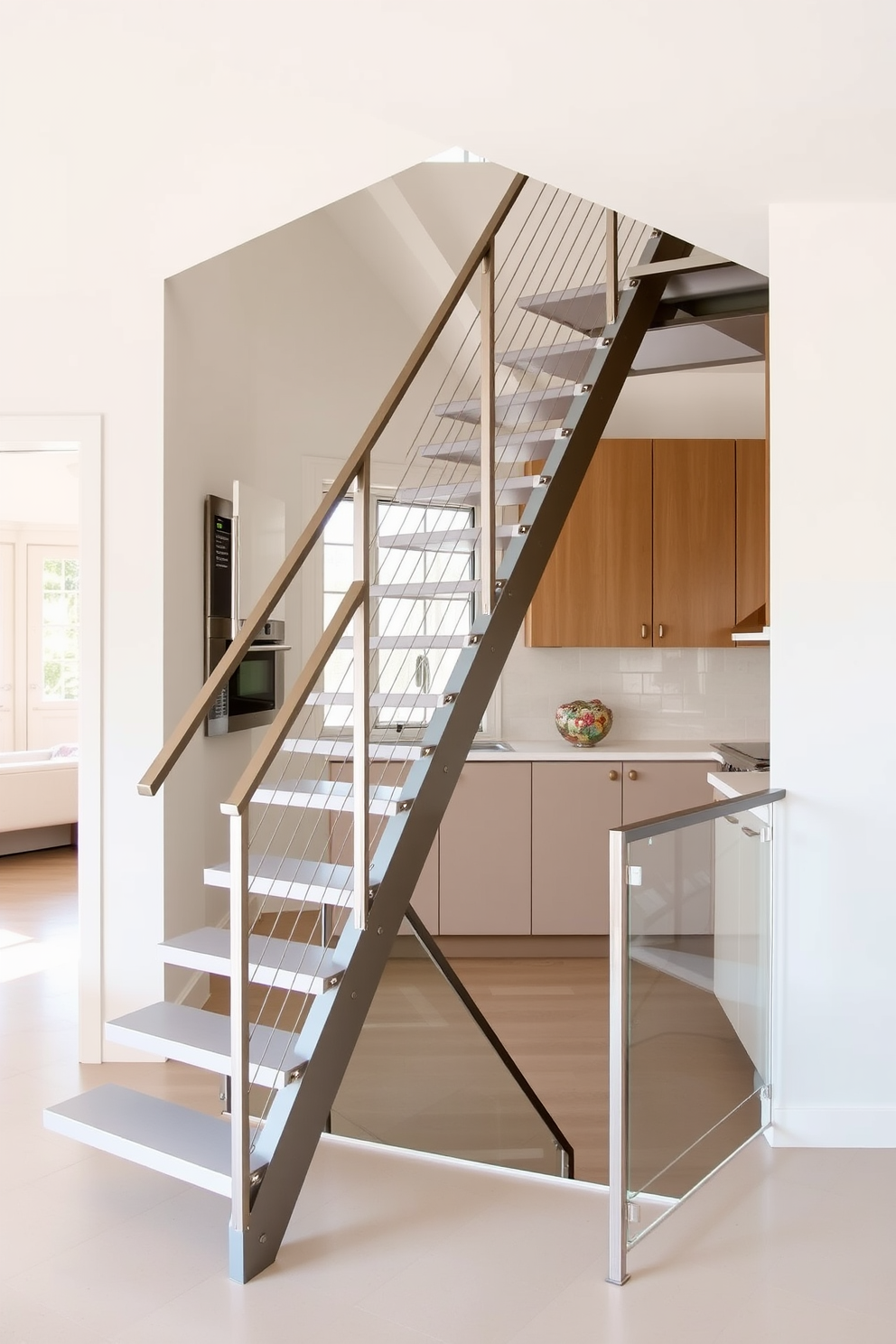 A minimalist staircase features a sleek metal finish that complements the modern aesthetic of the home. The design includes open risers and a glass railing, allowing natural light to flow through the space. In the kitchen, the staircase integrates seamlessly with the cabinetry and appliances. The overall color palette is neutral, enhancing the clean lines and functional layout of the kitchen design.