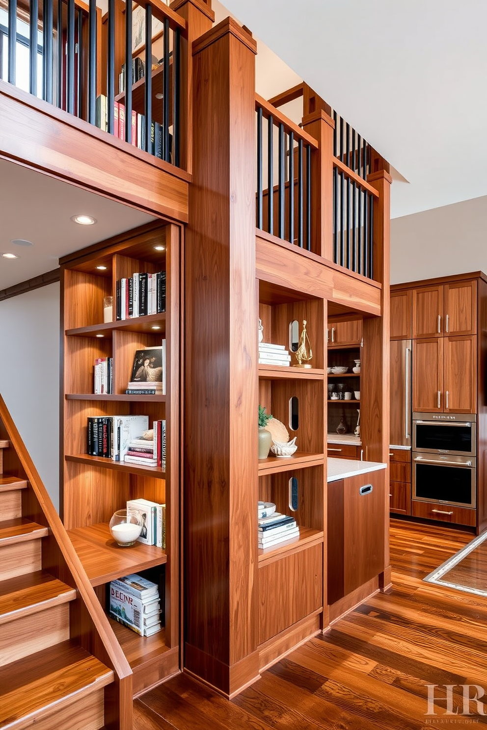 A modern kitchen featuring a sleek kitchen island that seamlessly integrates with a stylish staircase. The staircase is designed with open risers and a glass railing, while the island boasts a polished granite countertop and contemporary bar stools.