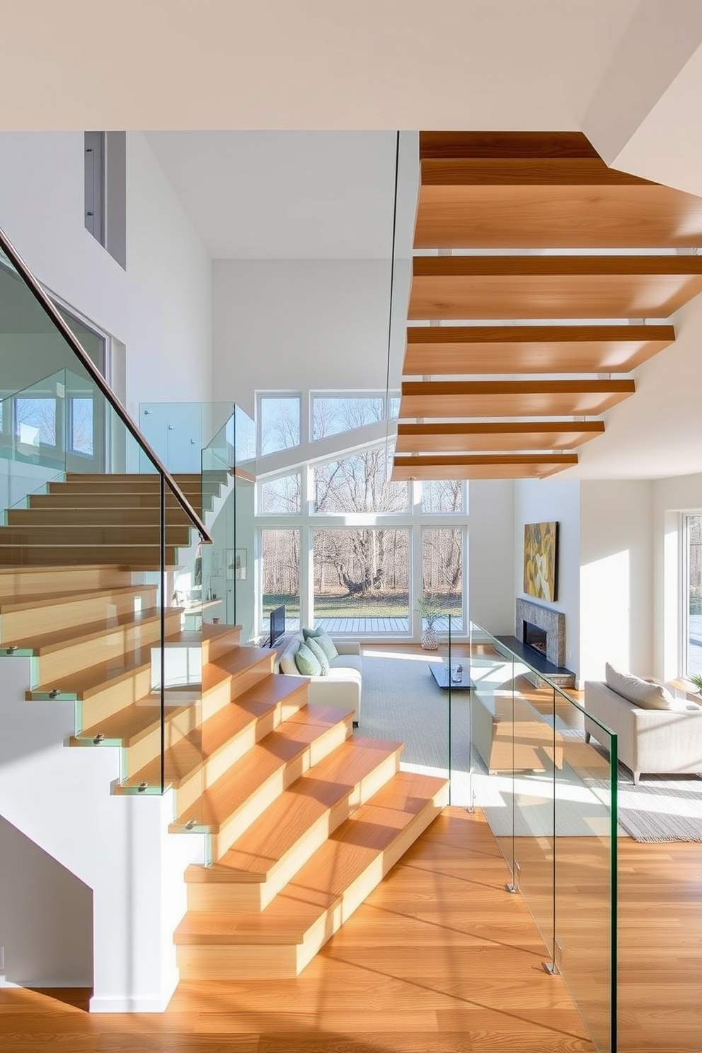 Open riser staircase with glass railing. The staircase features sleek wooden steps that create a modern and airy feel, complemented by a transparent glass railing that enhances the open space. Staircase in Living Room Design Ideas. The living room showcases a stunning open riser staircase that serves as a focal point, seamlessly blending functionality with contemporary design elements.