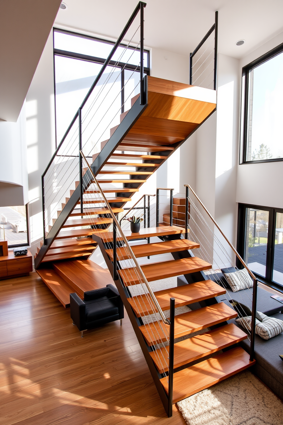 A stylish ladder-style staircase designed for small spaces. The staircase features sleek wooden steps and a minimalist metal railing, seamlessly blending functionality with modern aesthetics. An inviting staircase integrated into a living room design. The staircase is adorned with a soft runner rug, surrounded by warm lighting and decorative wall art, creating a cozy focal point in the space.