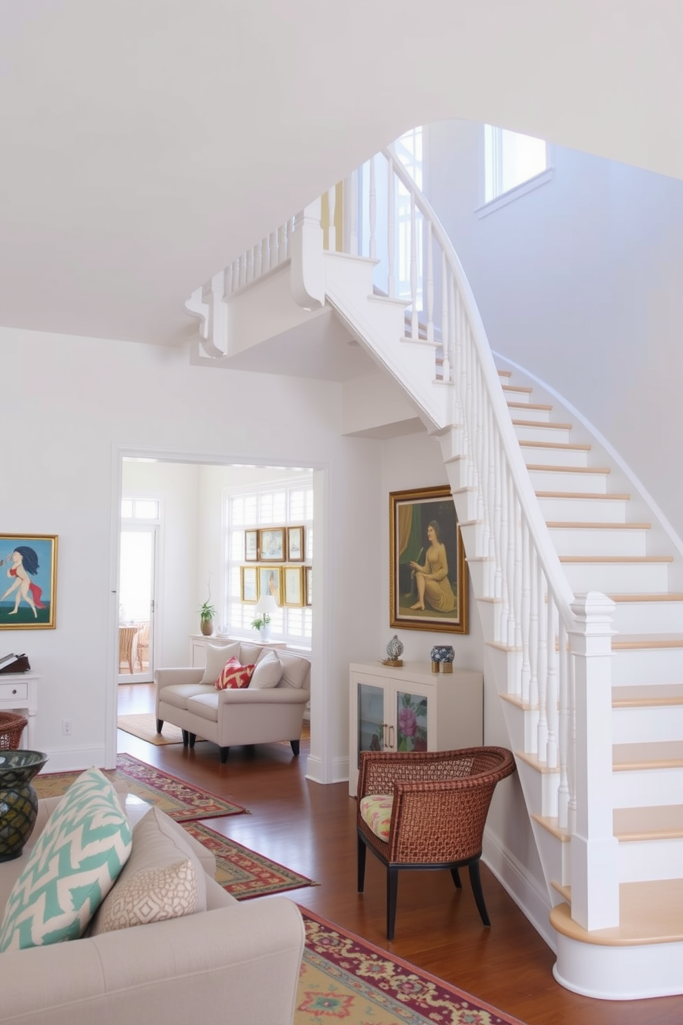 A bright and airy living room features a white painted staircase that elegantly curves upwards. Colorful artwork adorns the walls, creating a vibrant contrast against the clean lines of the staircase.