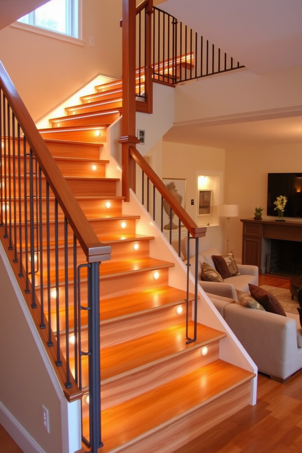 A stunning staircase with built-in lighting creates a warm and inviting ambiance. The elegant design features a sleek handrail and steps made of rich hardwood, complemented by soft glowing lights embedded along the edges. In the living room, the staircase serves as a striking focal point, seamlessly blending functionality with style. Surrounding the staircase, the living room boasts plush furnishings and a cozy atmosphere, enhanced by the gentle illumination from the integrated lighting.