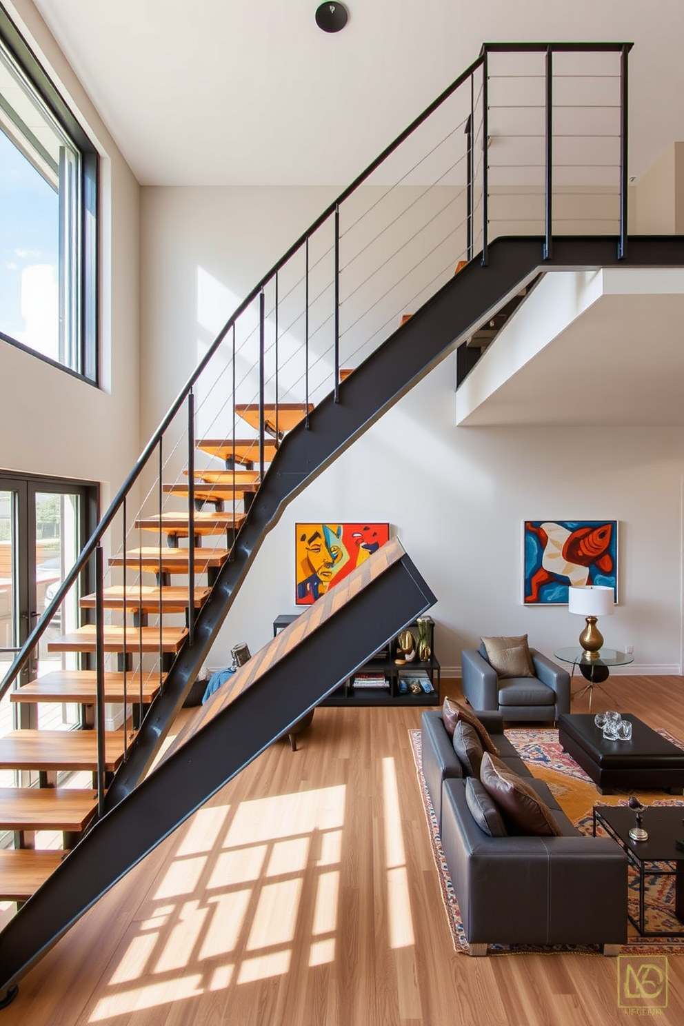 A striking metal staircase with industrial style accents serves as a focal point in the living room. The staircase features exposed steel beams and wooden treads, complementing the modern aesthetic of the space. Surrounding the staircase, the living room is adorned with contemporary furniture and bold artwork. Large windows allow natural light to flood the area, highlighting the unique design elements and creating an inviting atmosphere.