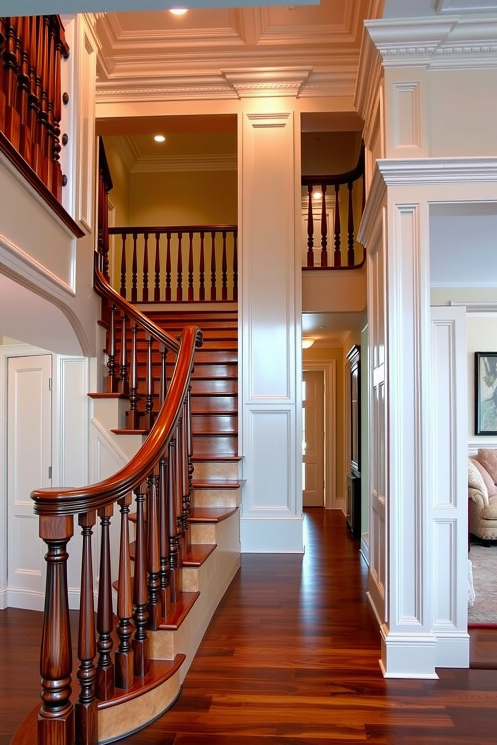 A classic staircase with intricate molding details. The staircase features a polished wooden banister and elegant spindles that complement the rich wood tones of the steps. In the living room, the staircase serves as a stunning focal point. It is adorned with soft, ambient lighting that highlights the craftsmanship of the molding and enhances the overall elegance of the space.