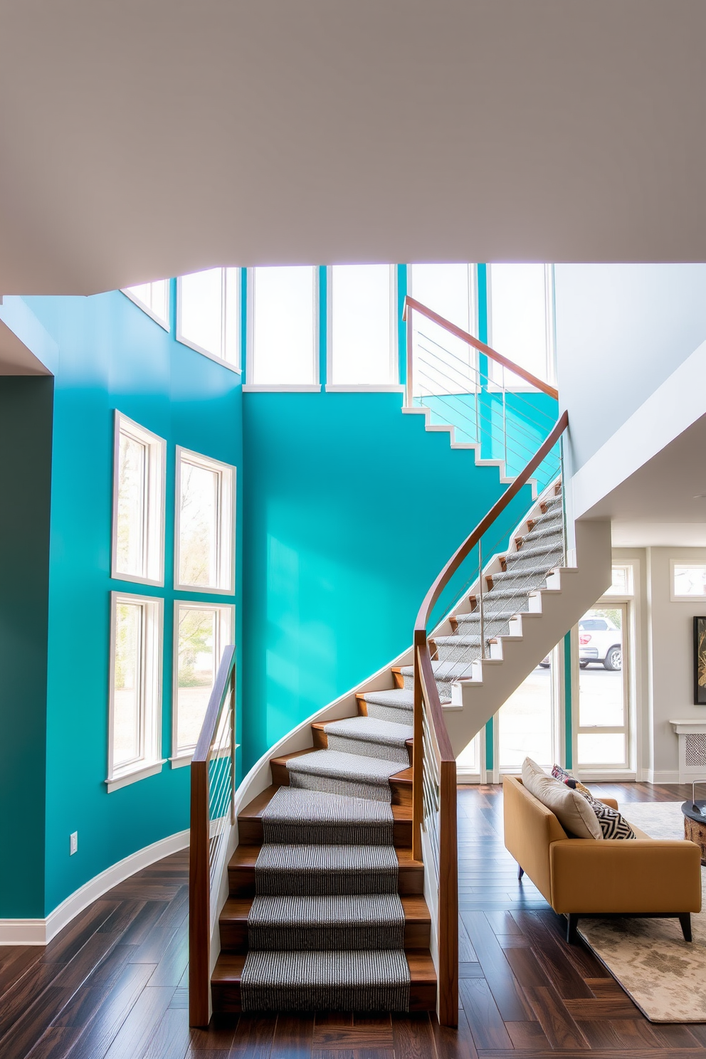 A stunning staircase design featuring a vibrant accent wall painted in a bold teal color. The staircase is adorned with sleek wooden handrails and a modern runner that complements the wall. The living room showcases a contemporary staircase that seamlessly integrates with the overall design. Large windows allow natural light to flood the space, highlighting the vibrant accent wall and creating an inviting atmosphere.