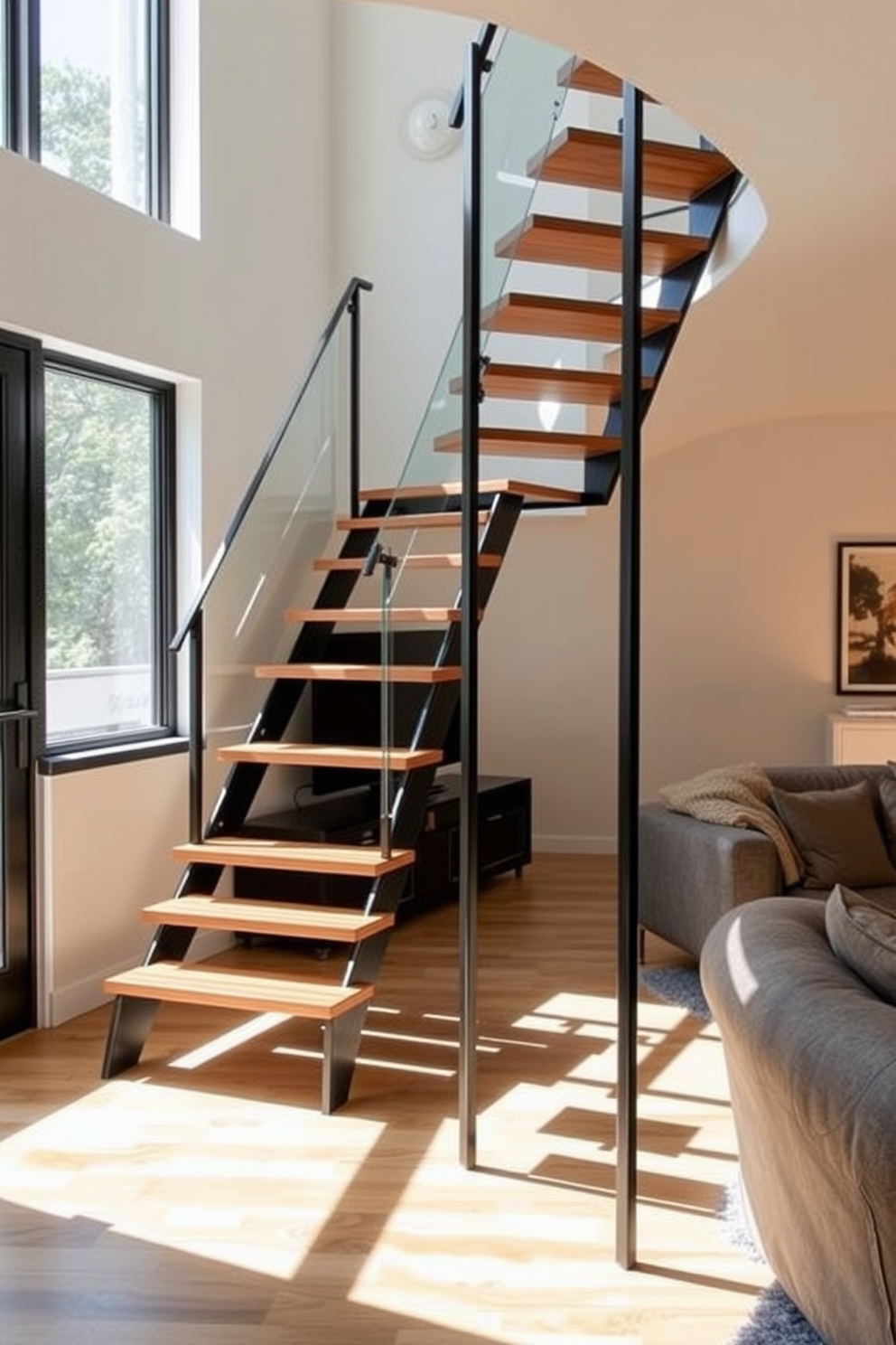 A stunning cascading staircase gracefully descends from the upper level, adorned with integrated planters that bring a touch of nature indoors. The planters are filled with lush greenery, creating a vibrant contrast against the sleek wooden steps. The staircase serves as a focal point in the living room, seamlessly blending functionality with artistic design. Natural light filters through large windows, illuminating the space and enhancing the beauty of the staircase and its surrounding decor.