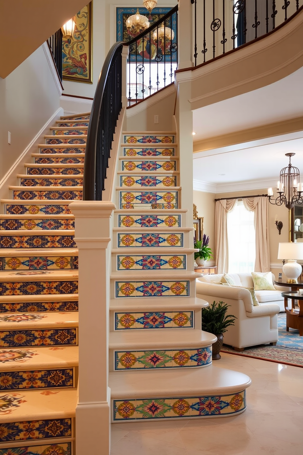 A stunning staircase features decorative tile risers adorned with intricate patterns and vibrant colors. The surrounding living room is designed with a blend of contemporary and classic elements, showcasing plush seating and elegant lighting fixtures.