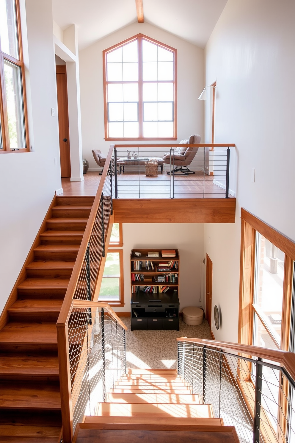 A grand staircase with intricate decorative wall paneling creates a stunning focal point in the living room. The staircase features elegant wooden steps and a wrought iron railing, complemented by soft ambient lighting that highlights the craftsmanship. The living room design incorporates plush seating arrangements and a warm color palette, enhancing the inviting atmosphere. Large windows allow natural light to flood the space, showcasing the beautiful staircase as a centerpiece.