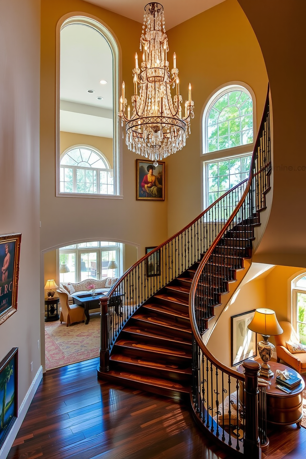 Elegant staircase with chandelier overhead. The staircase features a curved design with rich wooden steps and a polished railing. A stunning crystal chandelier hangs gracefully above, casting a warm glow on the space. The walls are adorned with tasteful artwork that complements the overall elegance of the setting. Staircase in Living Room Design Ideas. The living room boasts an open layout with the staircase serving as a focal point. Natural light floods the area through large windows, highlighting the intricate details of the staircase's craftsmanship. Cozy seating arrangements are positioned nearby, creating an inviting atmosphere for guests.