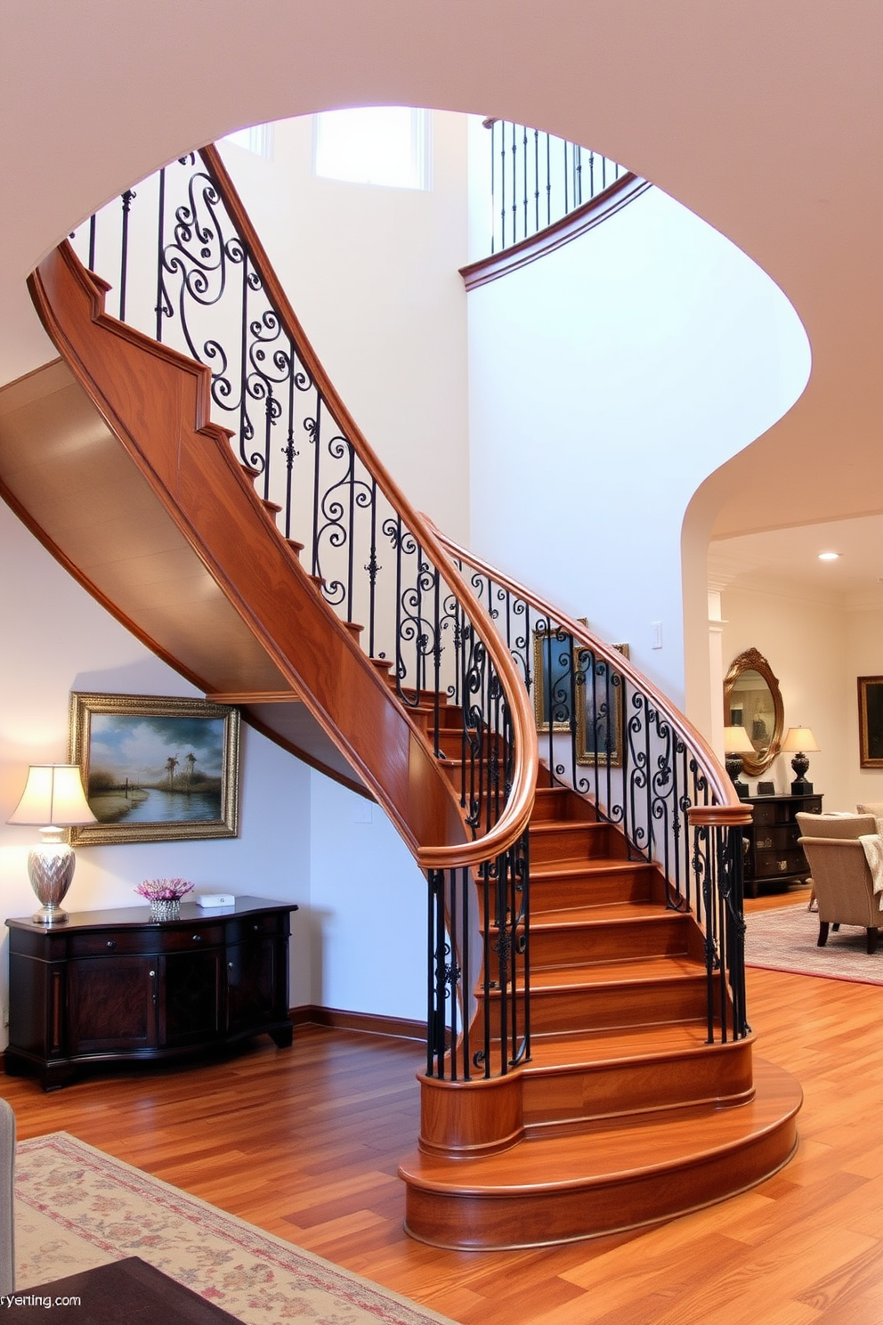 Curved wooden staircase with wrought iron railing gracefully ascends in the living room. The staircase is surrounded by elegant furnishings and soft lighting, creating a warm and inviting atmosphere.