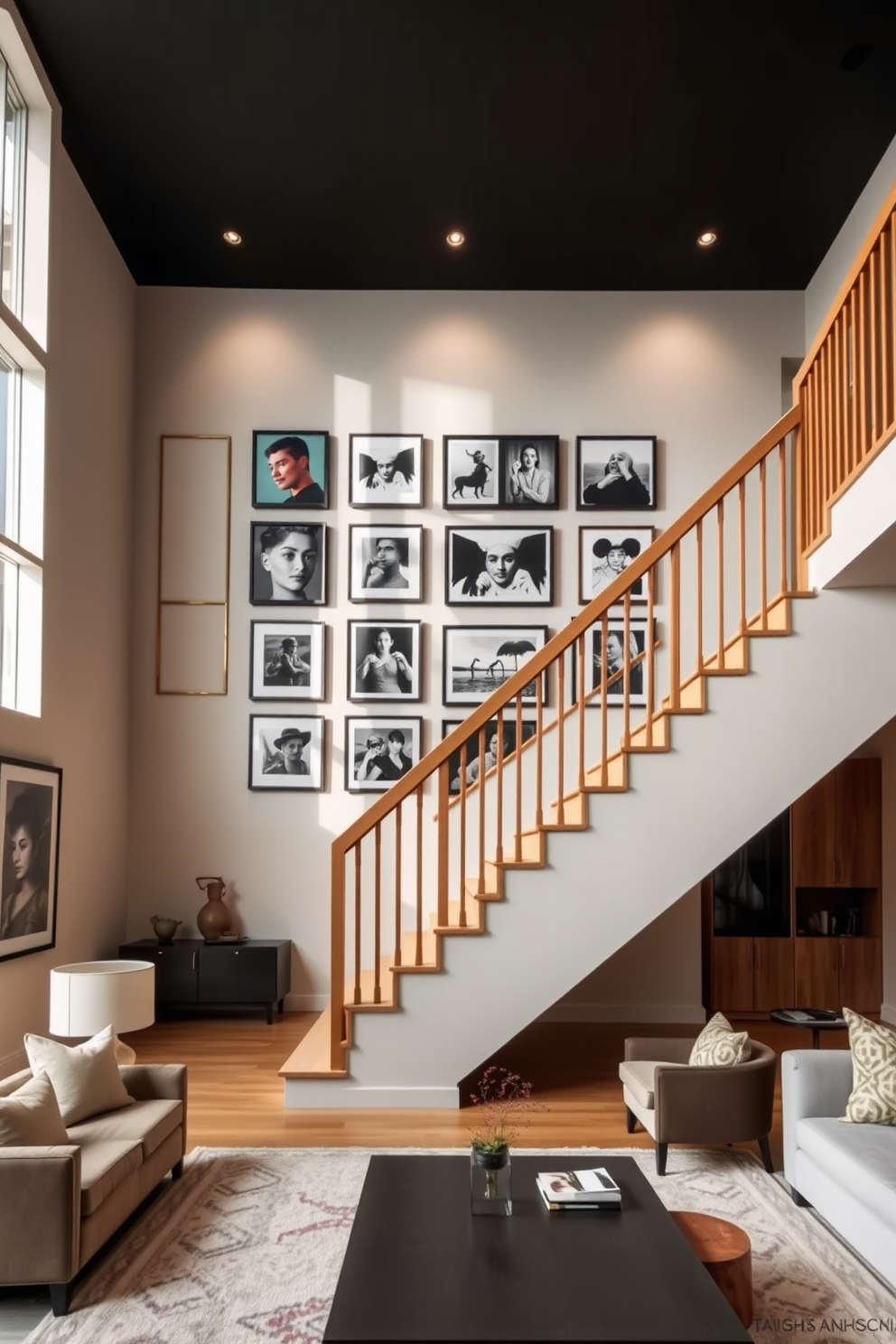 A grand staircase with a sleek wooden railing ascends gracefully, flanked by an art gallery wall showcasing a curated collection of vibrant paintings and black and white photographs. Soft lighting highlights each piece, creating an inviting ambiance that draws the eye upward. The living room features a modern staircase that serves as a focal point, integrating seamlessly with the overall design. Plush seating arrangements and a contemporary coffee table complement the staircase, enhancing the space's functionality and aesthetic appeal.