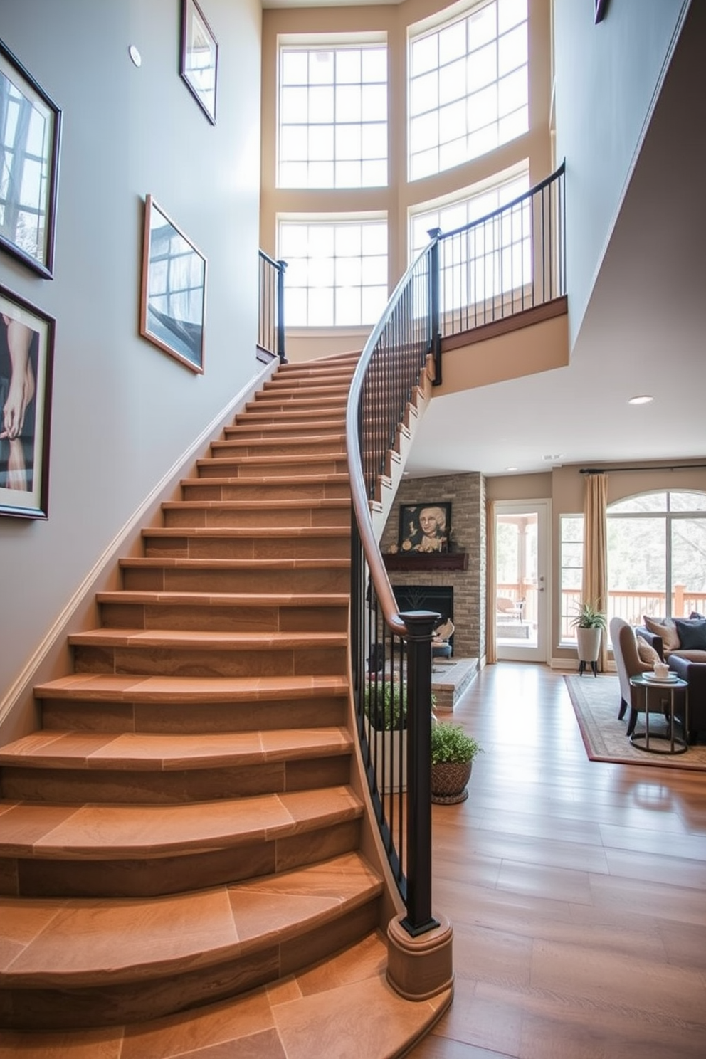 Open staircase with a cozy reading nook. The staircase features wooden steps with a sleek metal railing and is illuminated by natural light streaming through a large window. At the base of the staircase, a comfortable armchair is positioned next to a small side table stacked with books. Soft cushions and a warm throw blanket add to the inviting atmosphere of the reading nook.