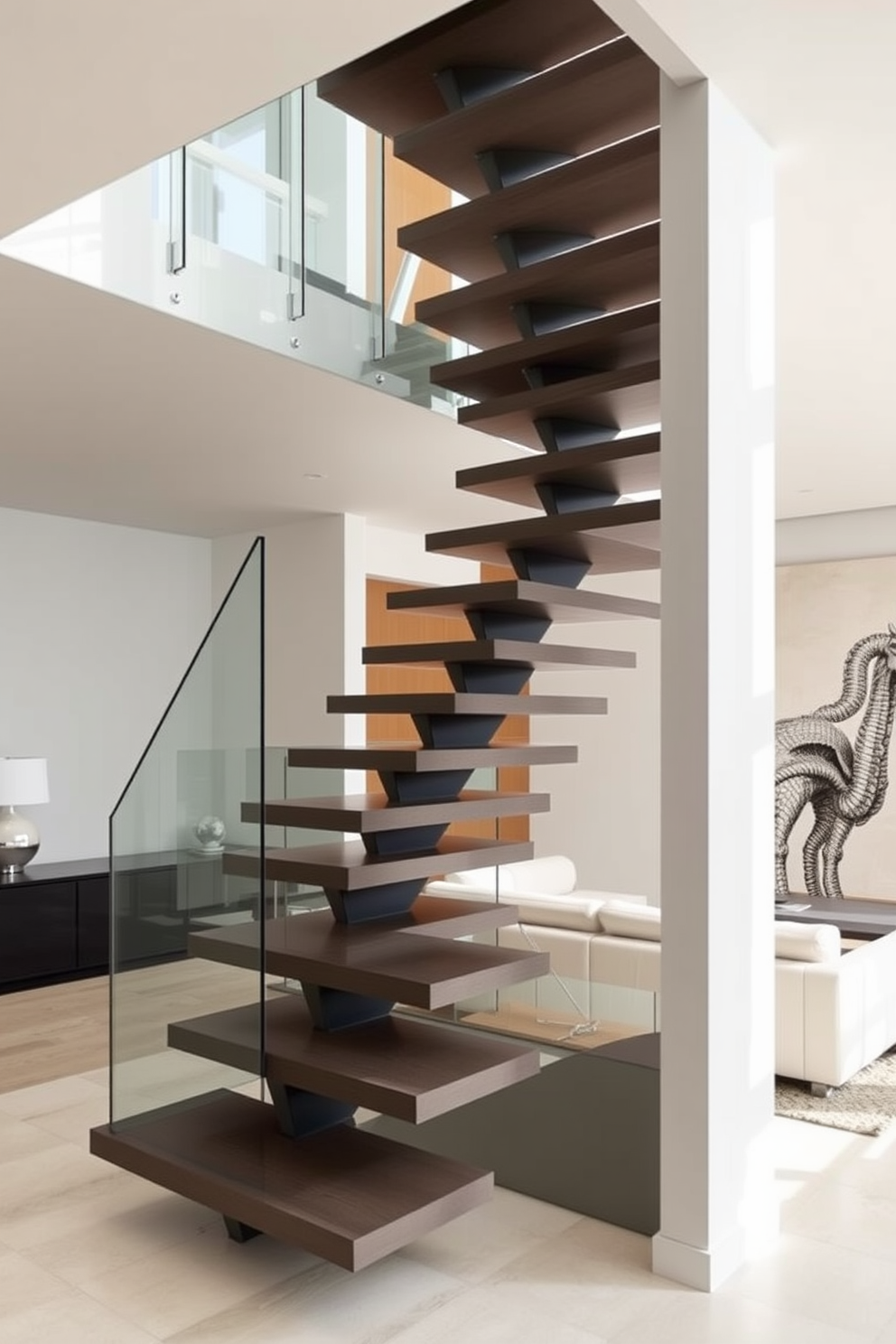 A modern staircase with a cantilevered design features sleek floating steps supported by a minimalistic framework. The staircase is adorned with a glass railing that enhances the open feel of the living room, allowing natural light to flow through the space. In the living room, the staircase serves as a striking focal point, seamlessly blending functionality with contemporary aesthetics. Surrounding the staircase are plush seating arrangements and a large artwork that complements the overall design theme.