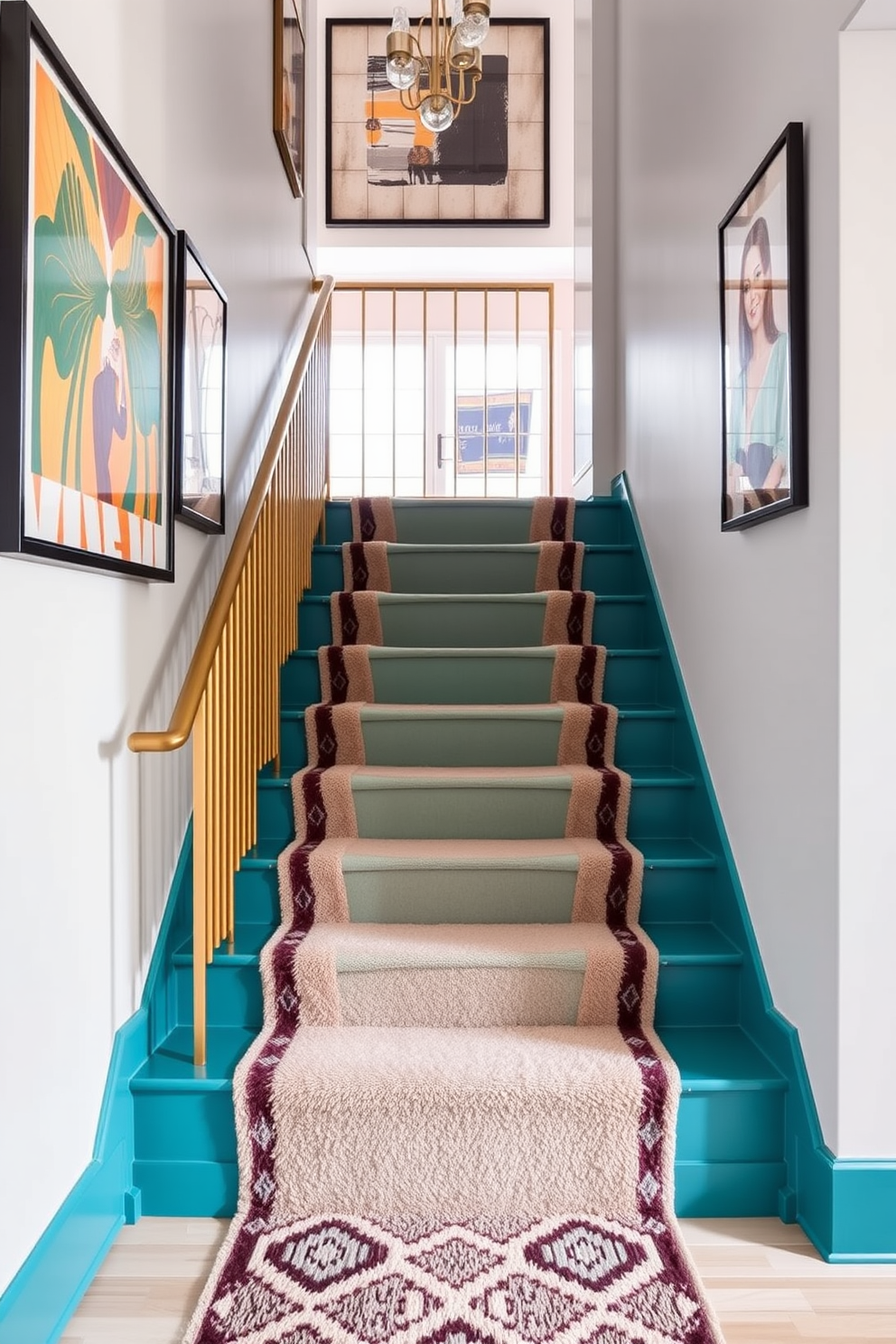 A stunning staircase featuring contrasting tread and riser colors creates a bold visual statement. The treads are a rich dark wood while the risers are painted in a crisp white, enhancing the overall elegance of the space. This staircase serves as a focal point in the living room, seamlessly blending functionality with artistic design. Surrounding the staircase, the living room is adorned with contemporary furniture and soft lighting, creating a warm and inviting atmosphere.