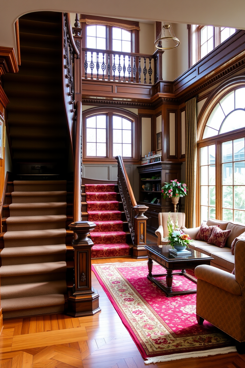 A vintage staircase with ornate details featuring intricate woodwork and a polished banister. The staircase is adorned with a rich carpet runner that adds warmth and elegance to the living room space. The living room design includes plush seating arranged around a classic coffee table. Large windows allow natural light to flood the room, highlighting the staircase's architectural beauty.